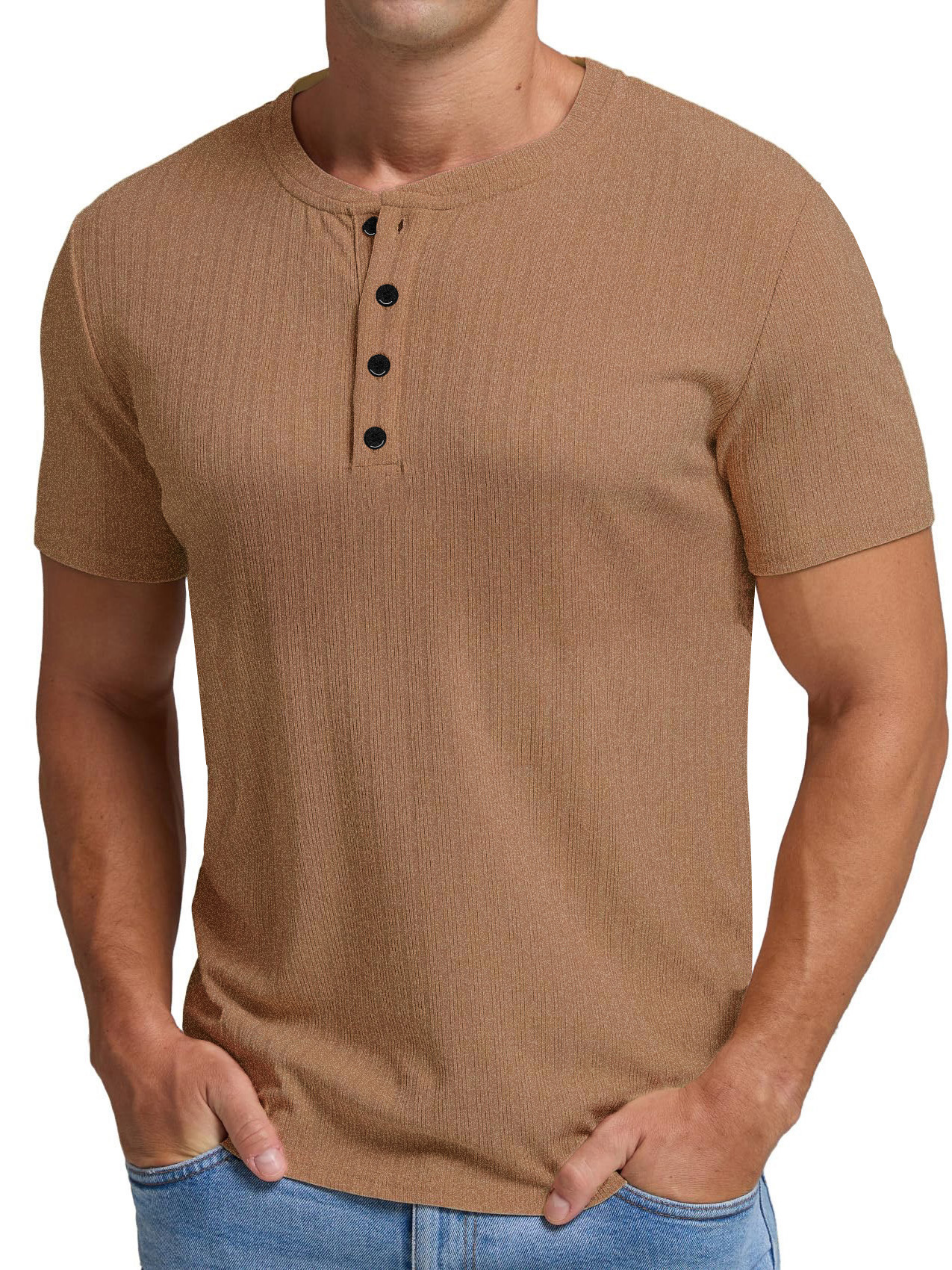 Men's Casual Slim Short Sleeve Henley Shirt-Garamode