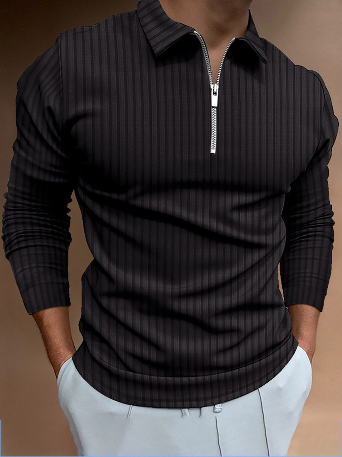 Men's Zip Stripe Long Sleeve Polo Shirt-Garamode