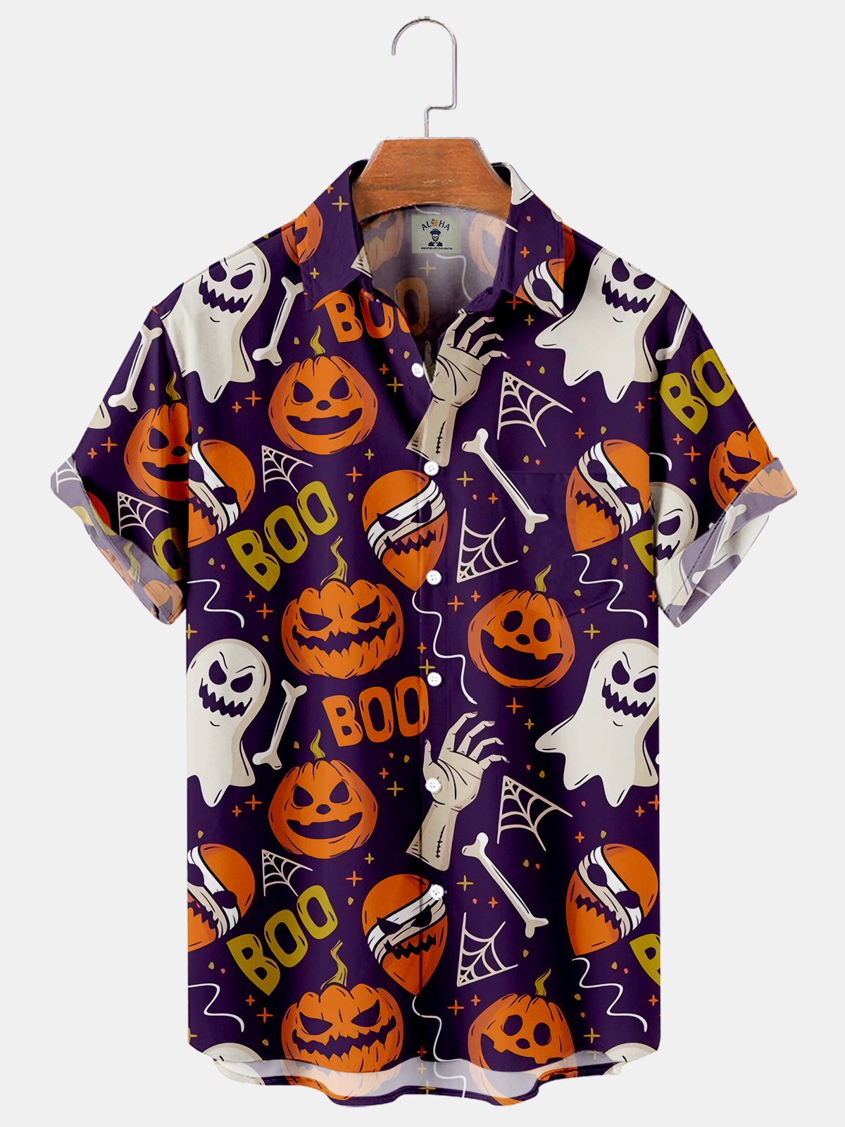 Men's Halloween Fun Pumpkin Soul Print Casual Loose Oversized Short Sleeve Shirt-Garamode