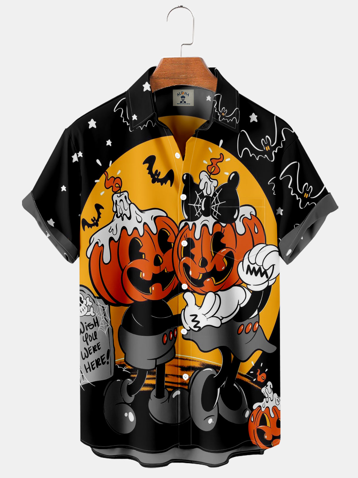 Halloween Fun Cartoon Print Pocket Short Sleeve Shirt-Garamode