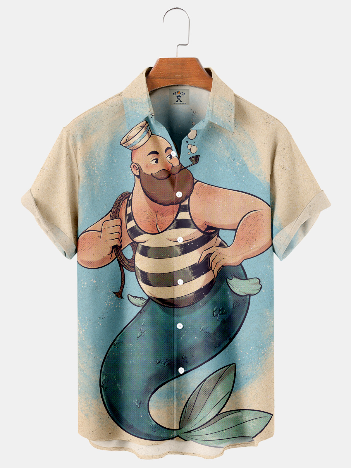 Funny spoof male mermaid print pocket short-sleeved shirt-Garamode