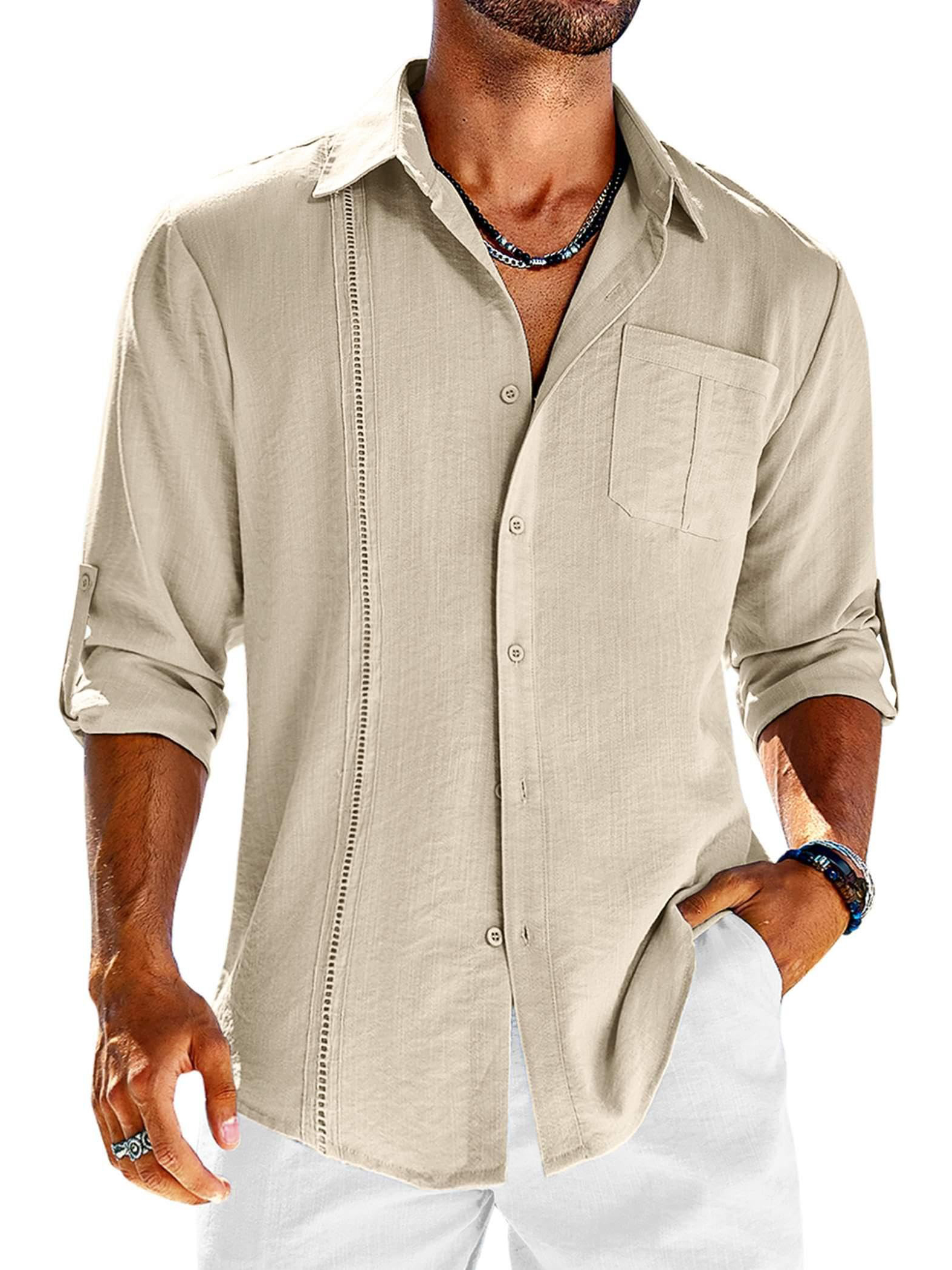 Men's Long Sleeve Hollow Design Pocket Casual Cotton Linen Daily Shirt-Garamode