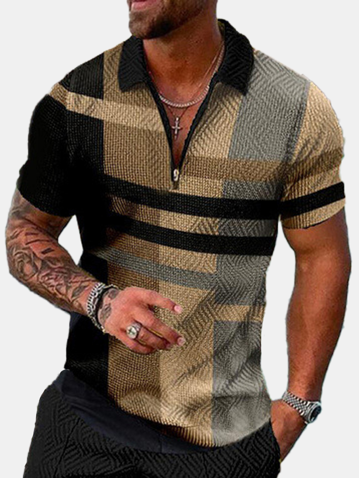Hawaiian check print short-sleeved polo shirt-Garamode