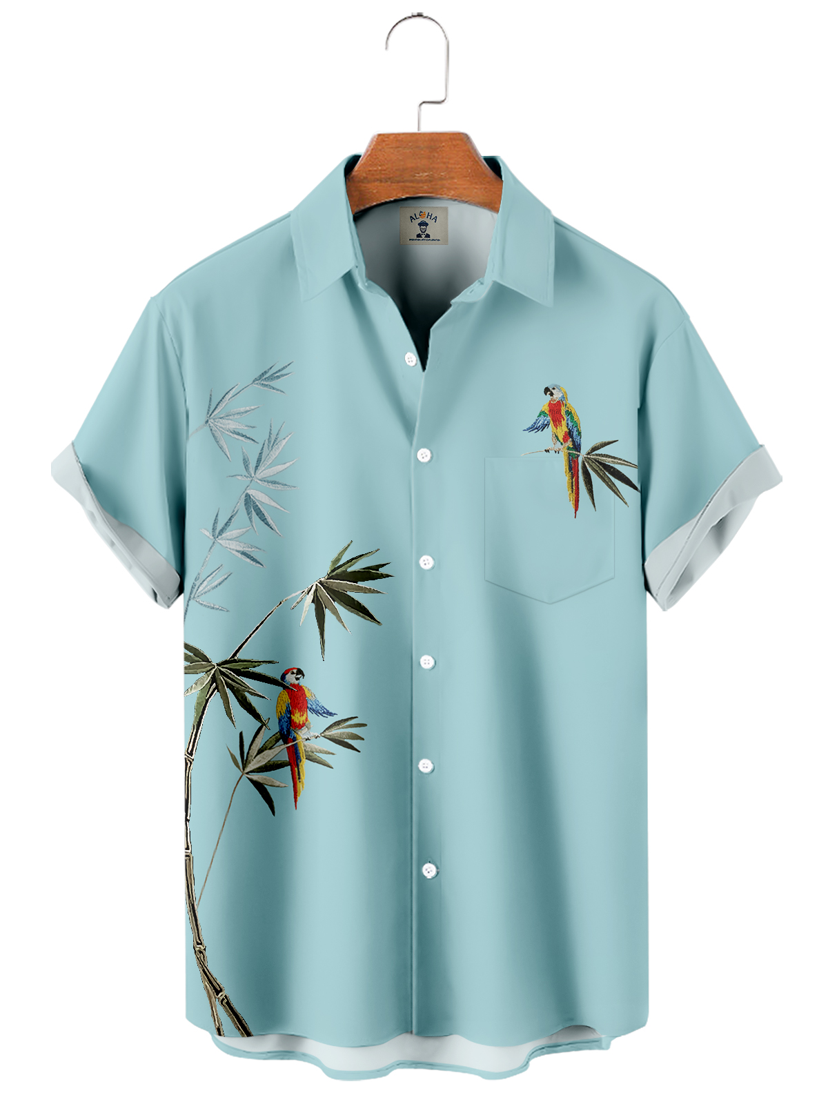 Men's Simple Hawaiian Bamboo and Parrot Print Short Sleeve Shirt-Garamode
