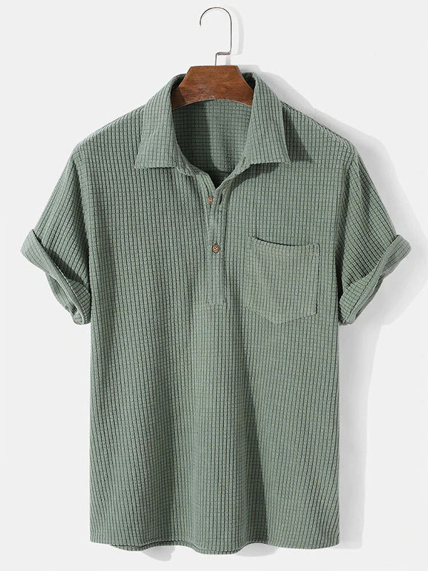 Men's Plaid Casual Loose Solid Color Lapel Short Sleeve Shirt-Garamode