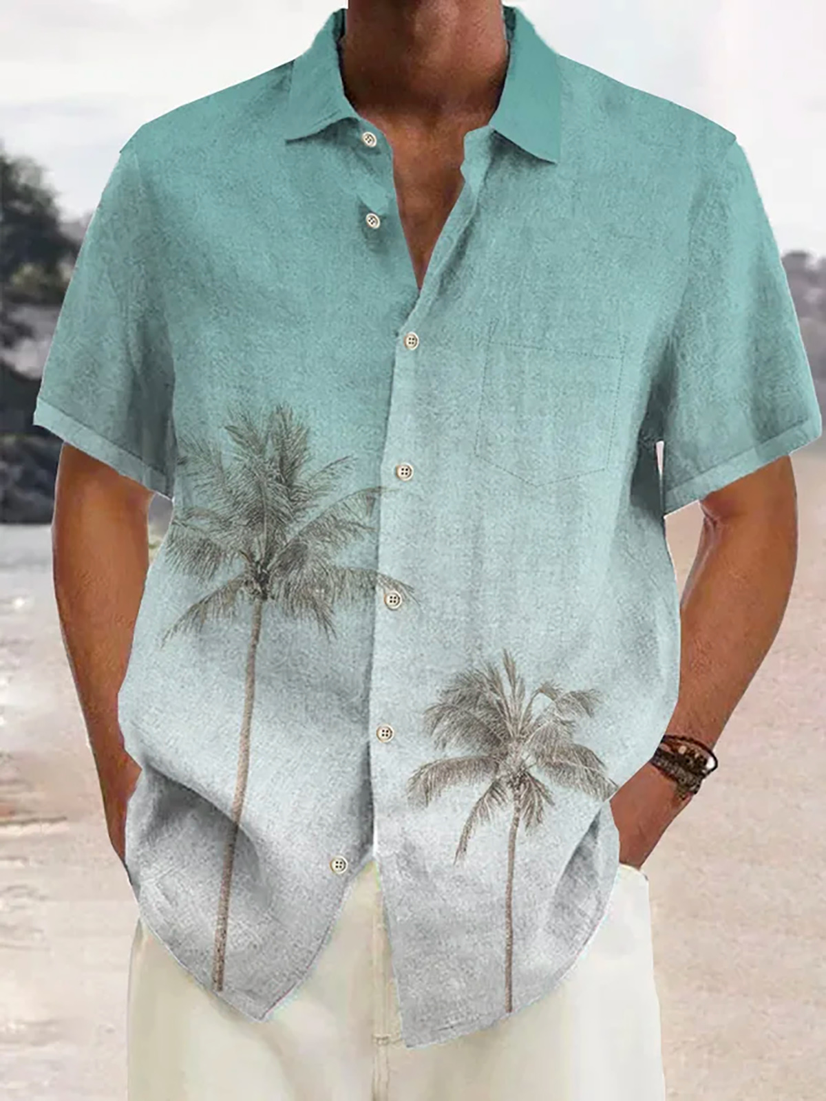 Hawaiian  casual coconut tree print short-sleeved shirt-Garamode