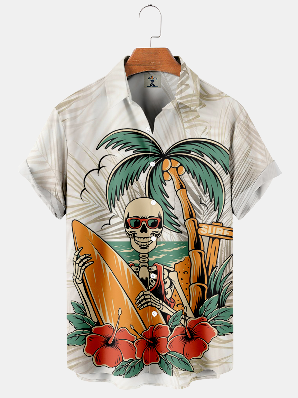 Men's Tropical Print Palm Leaf Skull Print Short Sleeve Shirt-Garamode