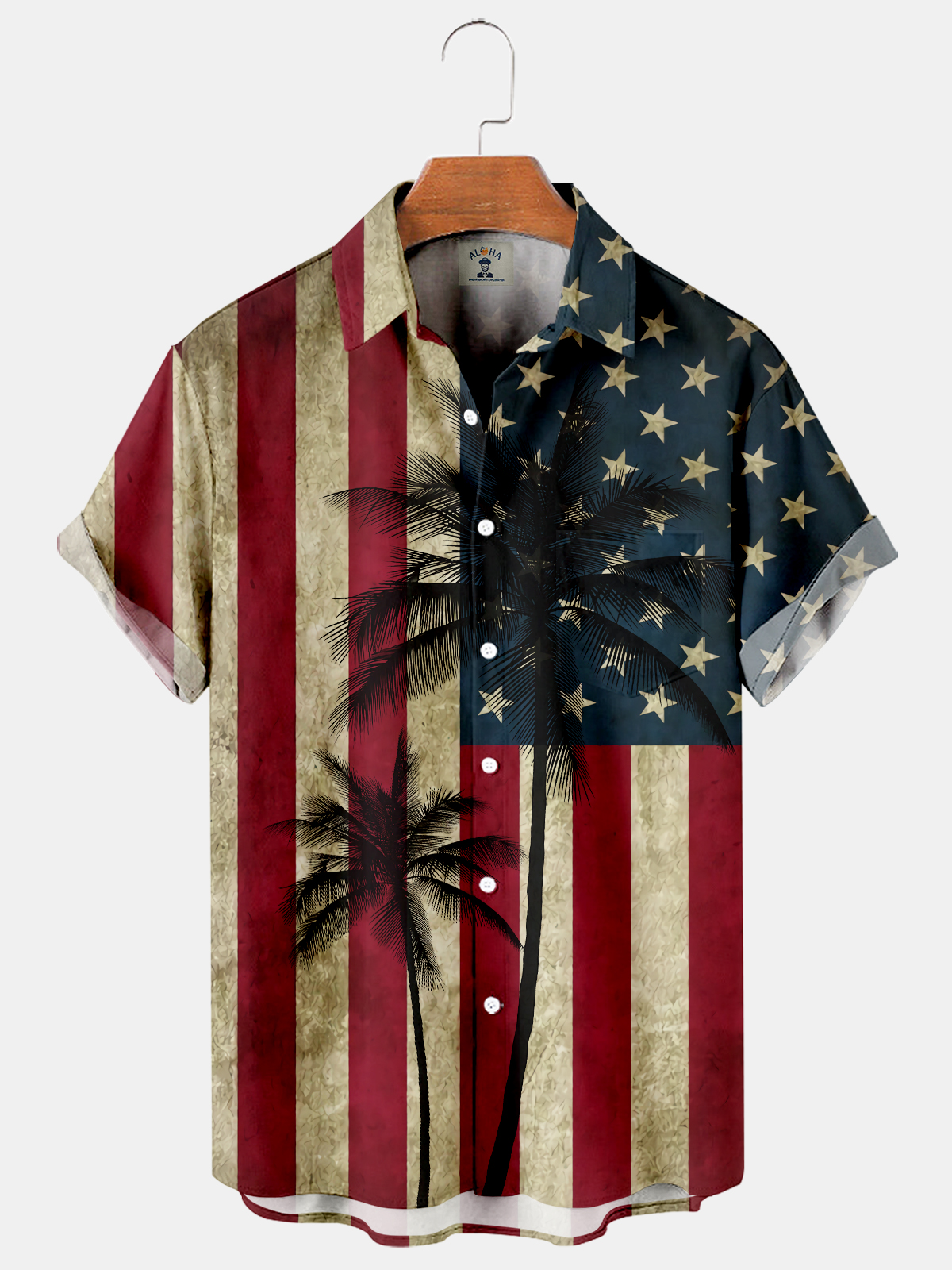American Flag And Coconut Tree Casual Loose Men's Plus Size Short-Sleeved Shirt-Garamode