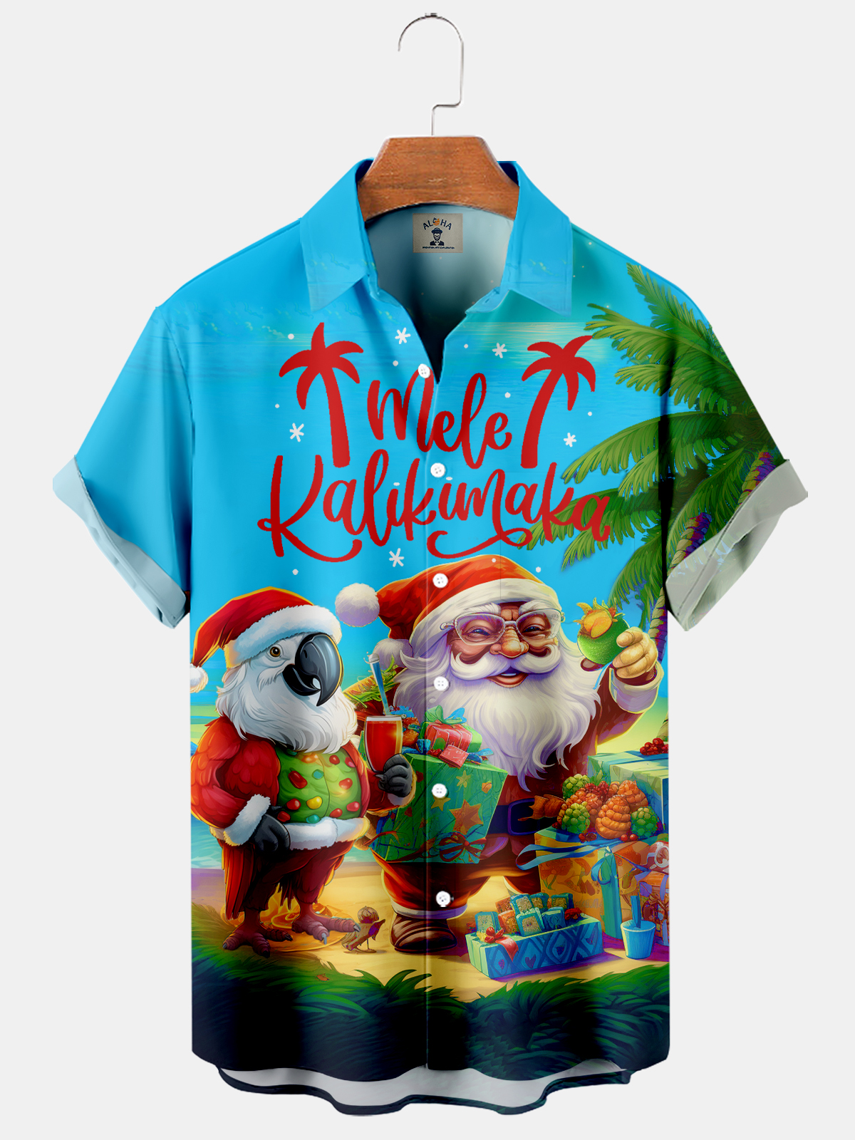 Men's Christmas MELE KALIKIMAKA Fun Parrot Santa Print Short Sleeve Shirt-Garamode