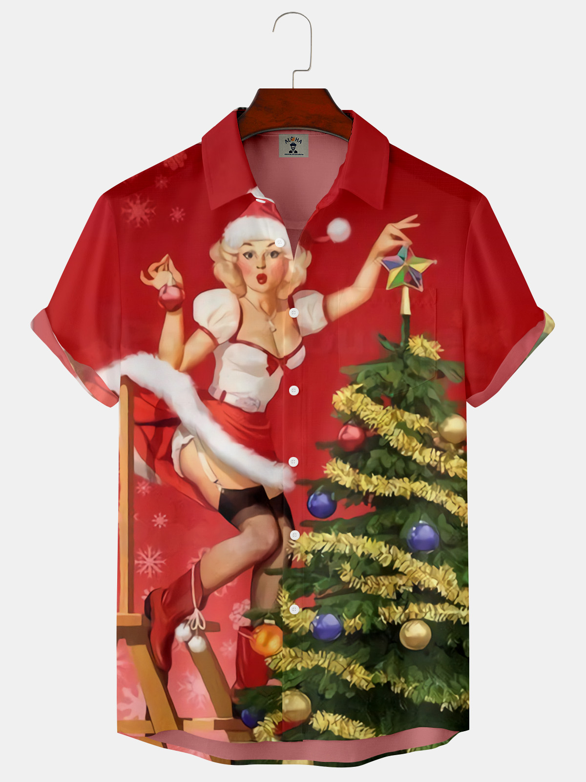 Men's Casual Christmas Girl Printed Short Sleeve Shirt-Garamode