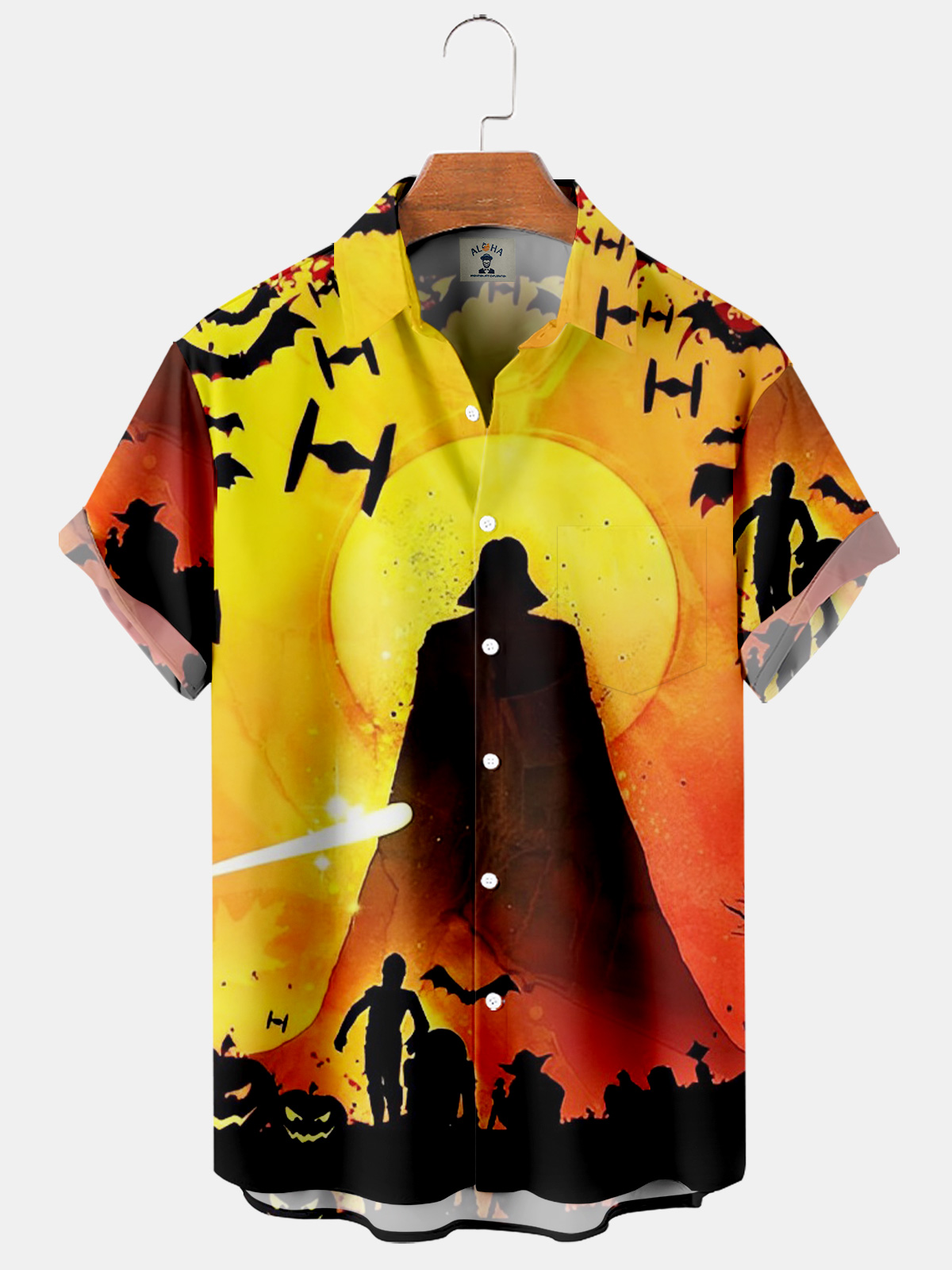 Men's Halloween Bats and Heroes Print Casual Fit Oversized Short Sleeve Shirt-Garamode