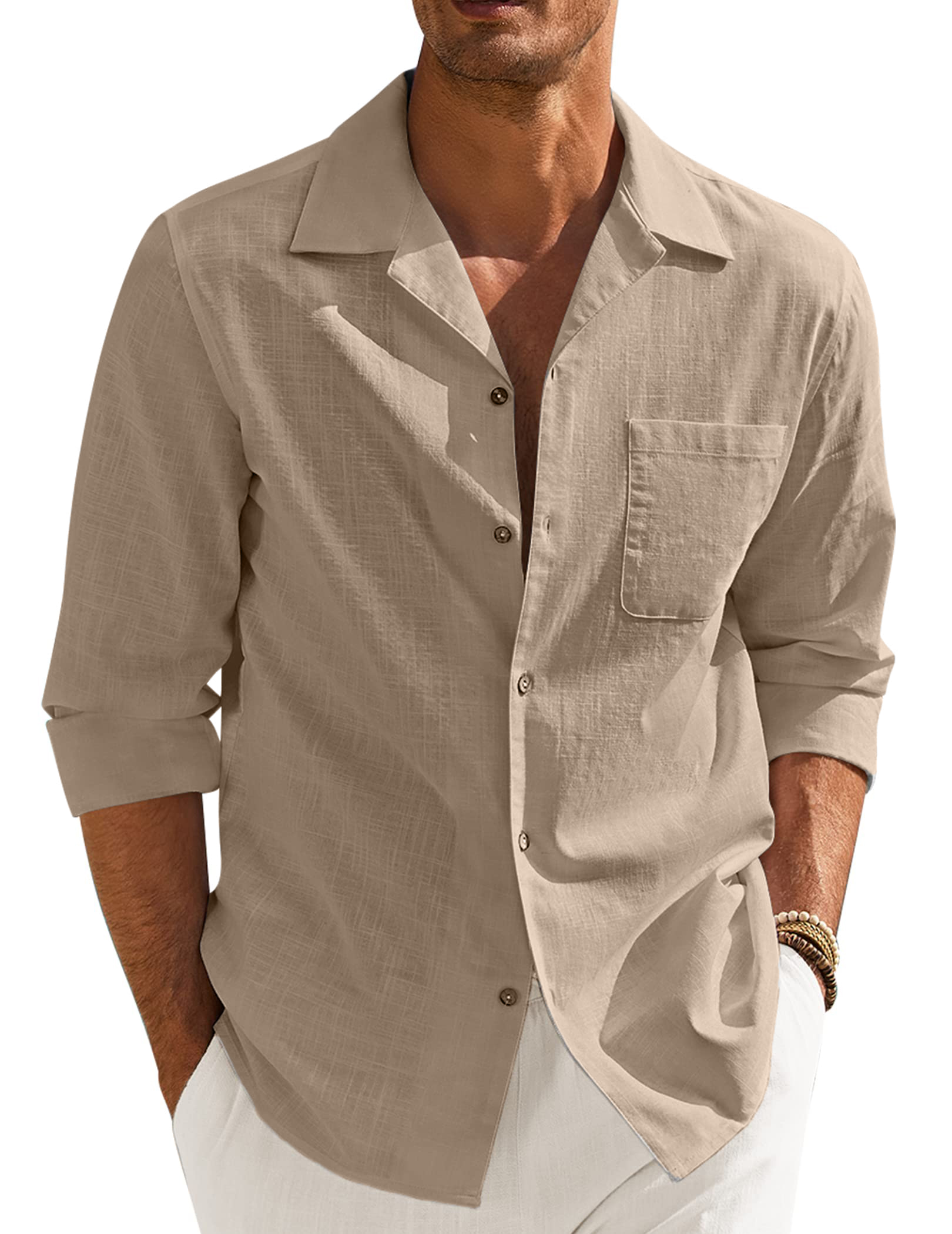 Men's Basic Cotton and Linen Long Sleeve Pocket Classic Shirt-Garamode