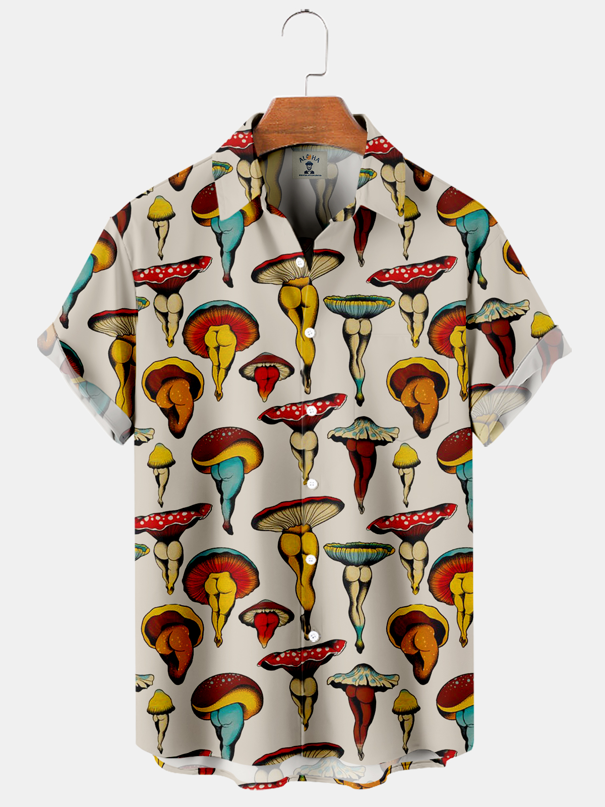 Men's Hawaiian Vintage Fun Mushroom Print Short Sleeve Shirt-Garamode
