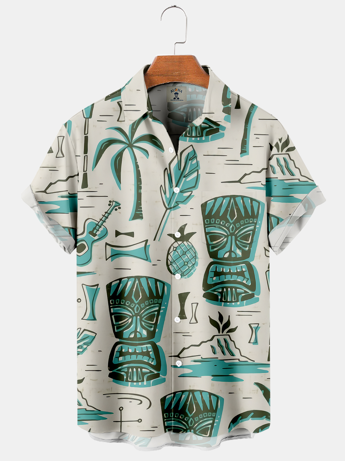 Men's TIKI Mask Pineapple Guitar Coconut Print Short Sleeve Shirt-Garamode