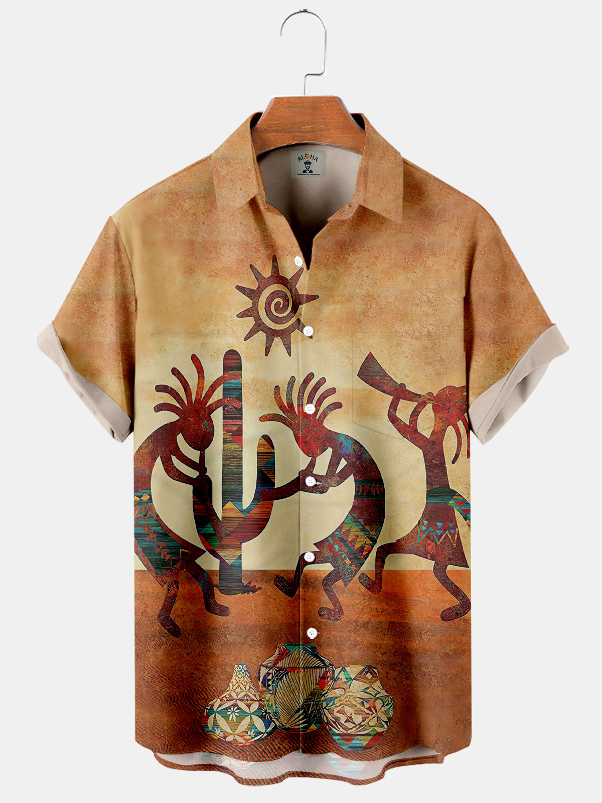 Men's Vintage Ethnic KOKOPELLI South American Dream Print Short Sleeve Shirt-Garamode