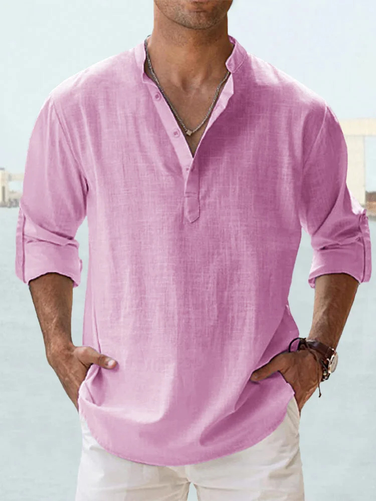 Men's Stand Collar Cotton Linen Casual Basic Solid Color Long Sleeve Shirt-Garamode