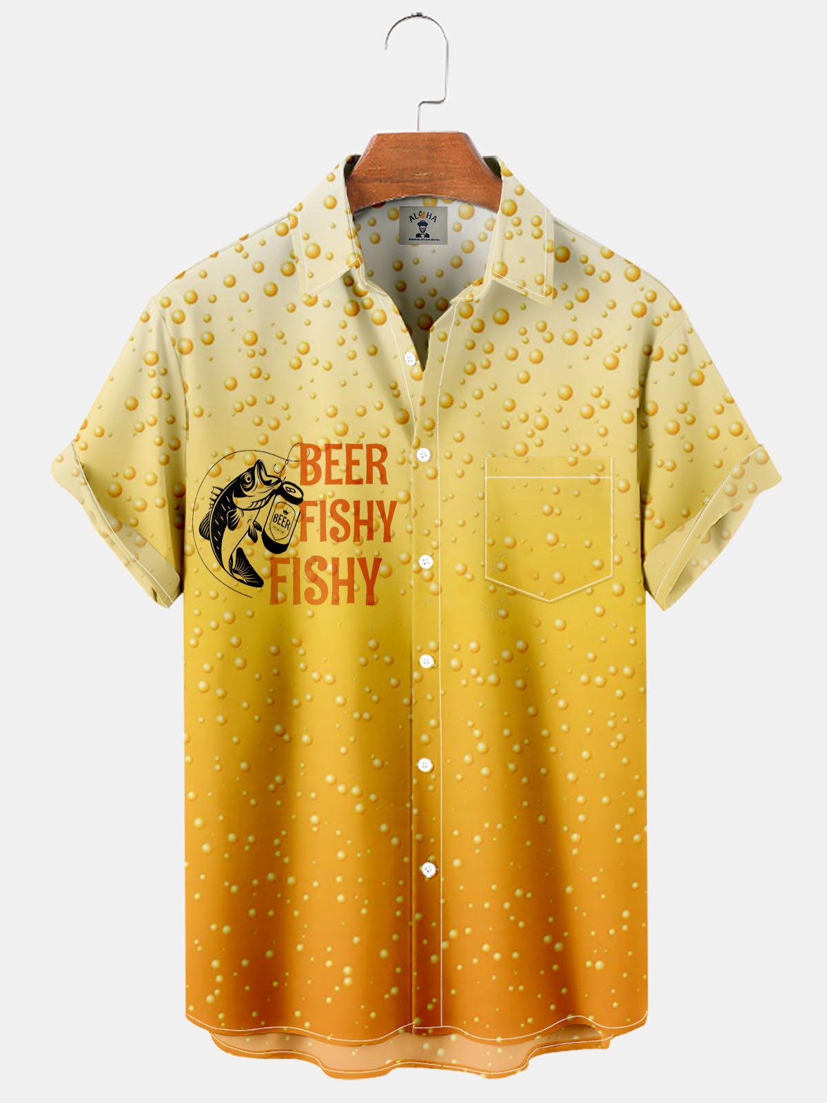 Beer Fishy Fishy Print Pocket Short Sleeve Shirt-Garamode