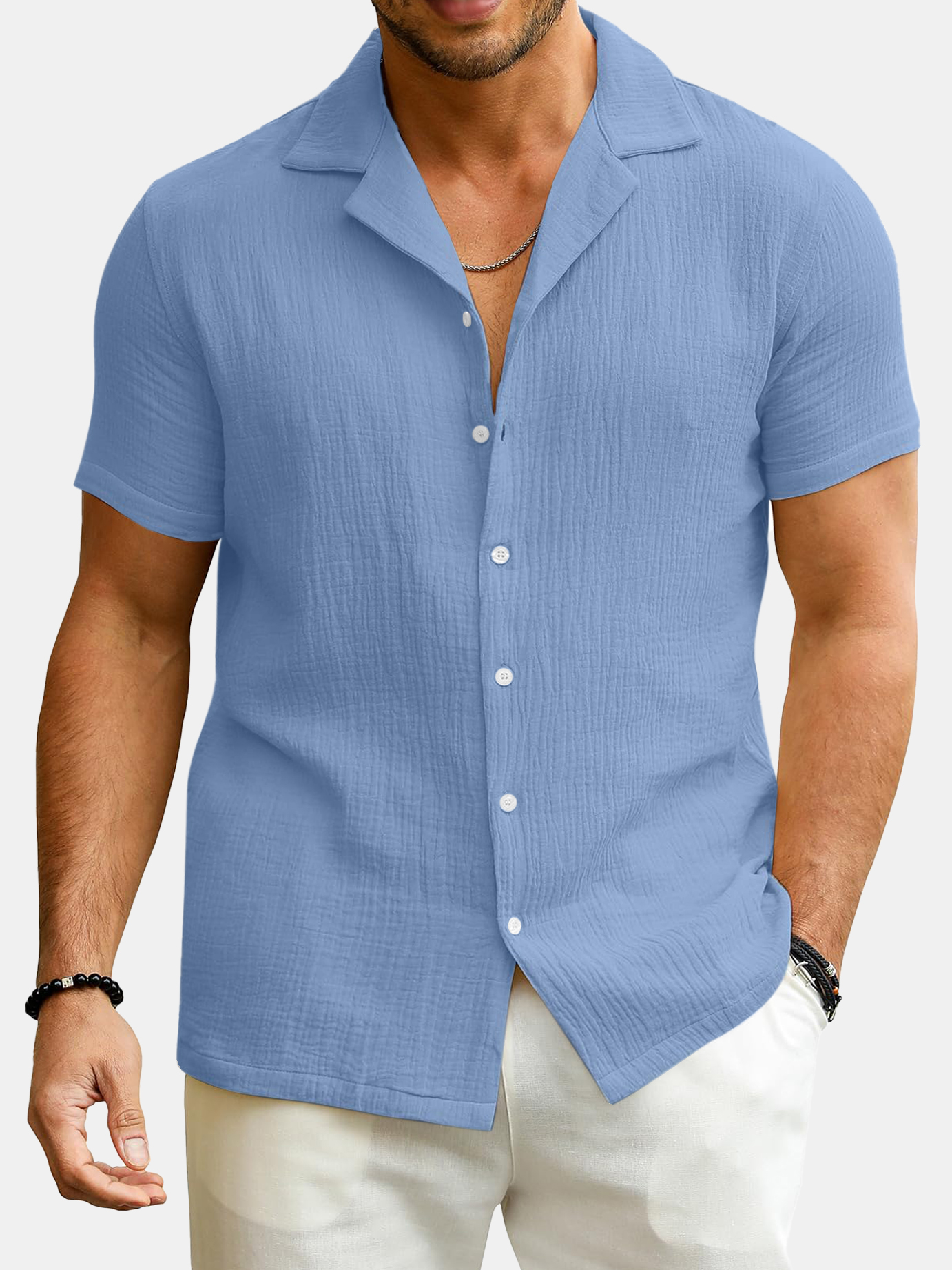 Men's Simple Solid Color Puff Wrinkle Comfortable Short-sleeved Shirt
