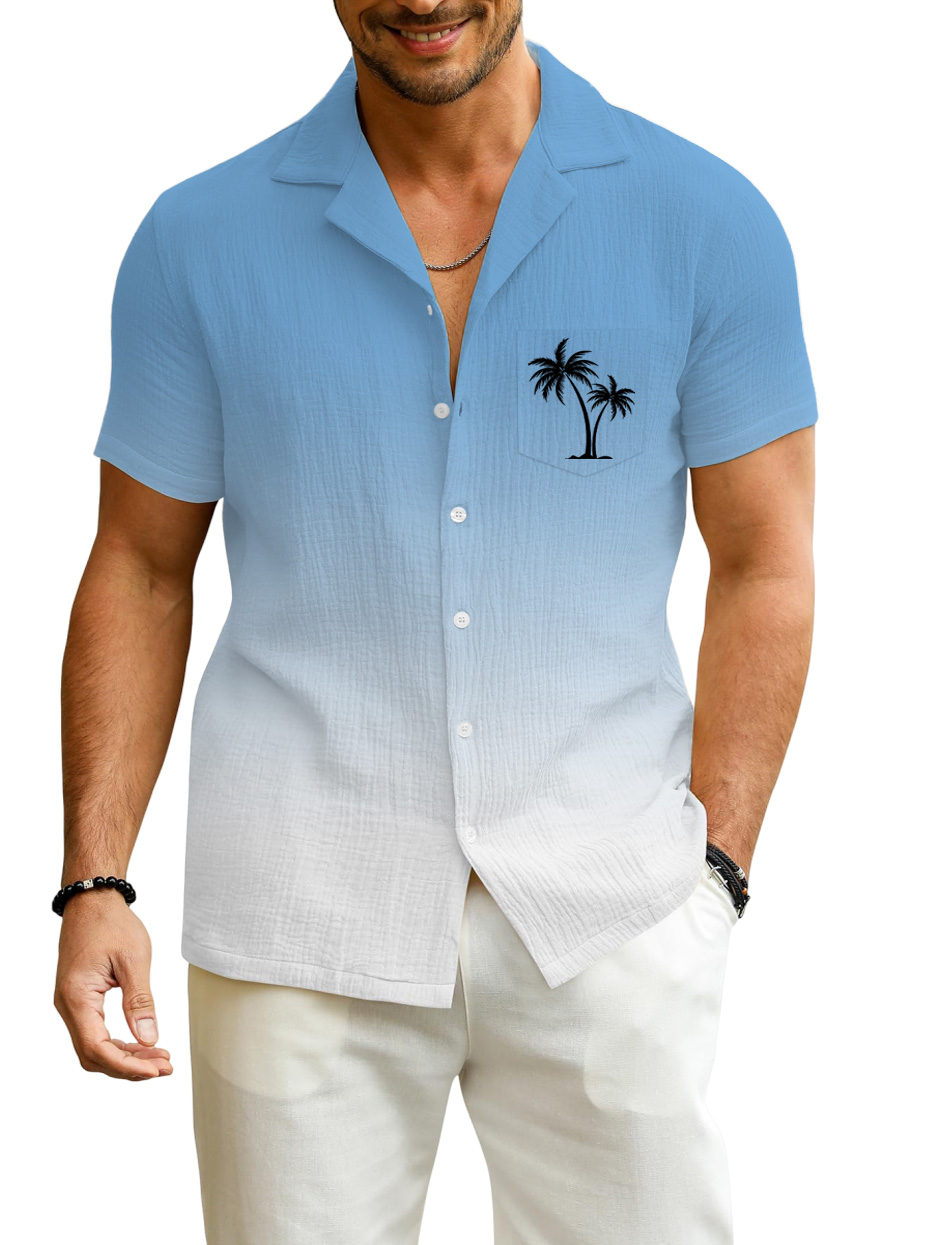 Men's Gradient Coconut Pleated Print Pocket Short Sleeve Shirt