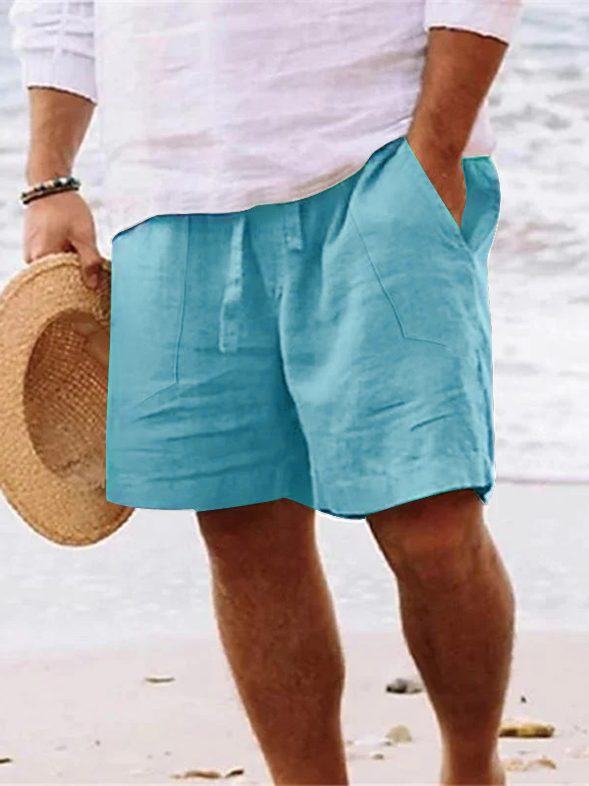 Men's Solid Color Drawstring Breathable Cotton and Linen Beach Shorts