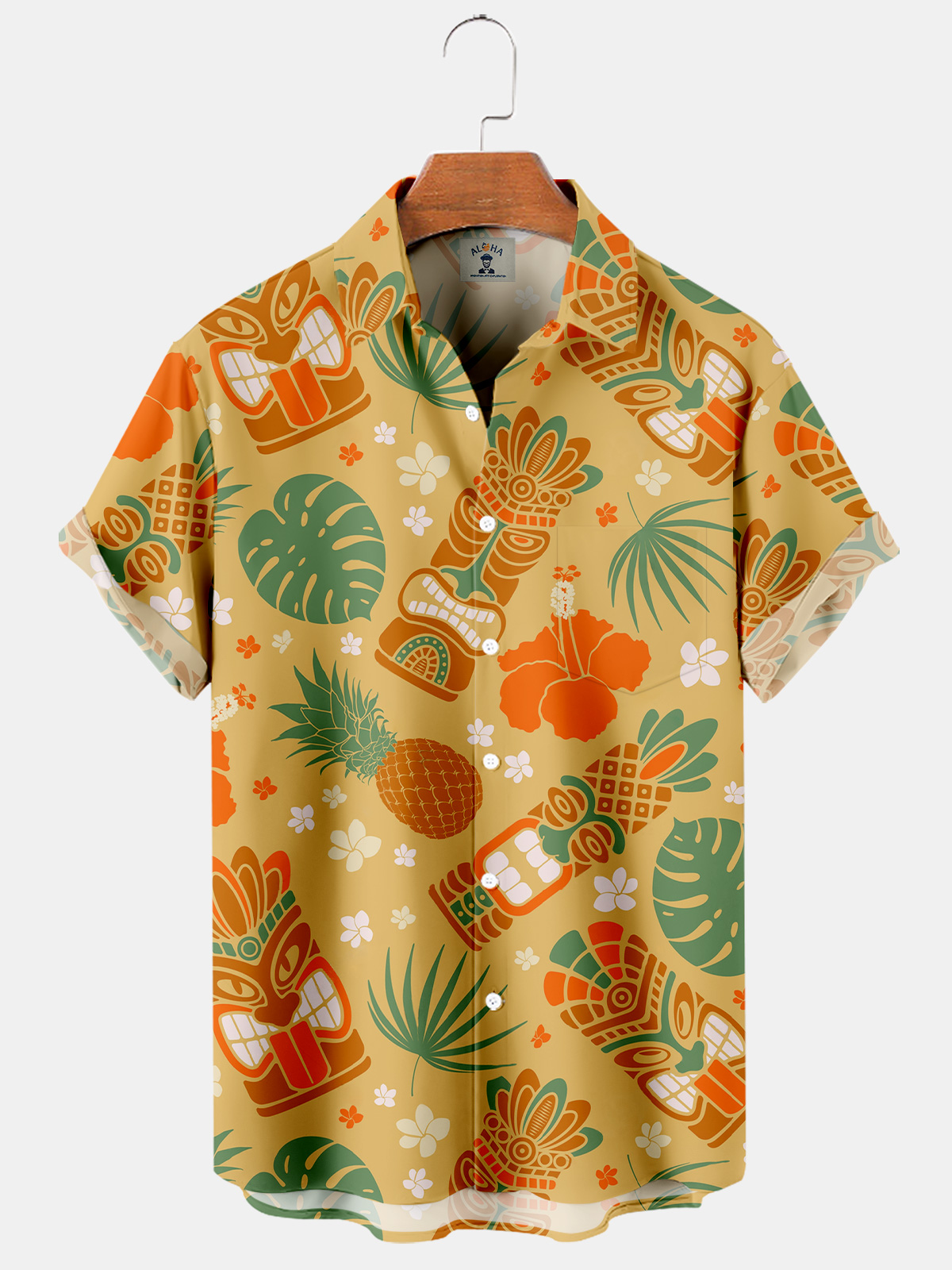 Men's Hawaiian tik mask hibiscus flower print short-sleeved shirt-Garamode