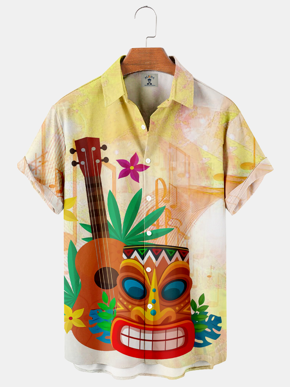 Men's Hawaiian TIKI Music Note Print Casual Loose Oversized Short Sleeve Shirt-Garamode