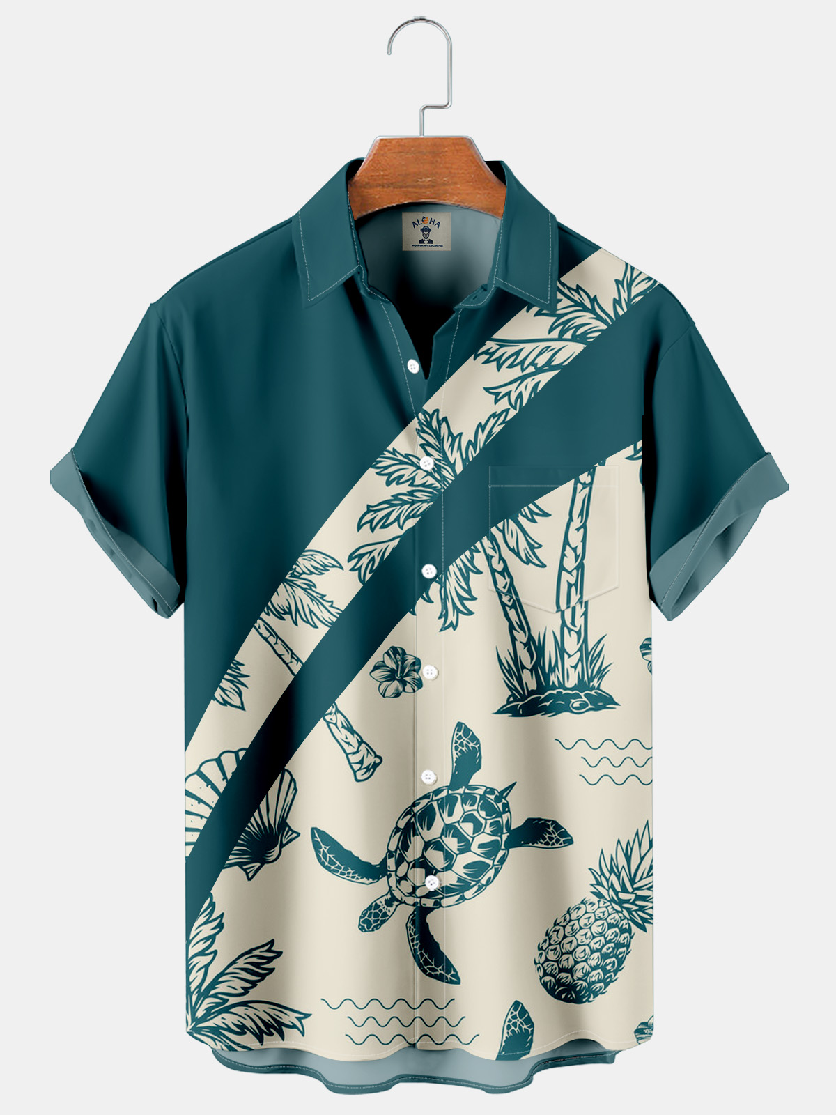 Hawaiian Coconut Ocean Turtle Gradient Print Pocket Short Sleeve Shirt-Garamode