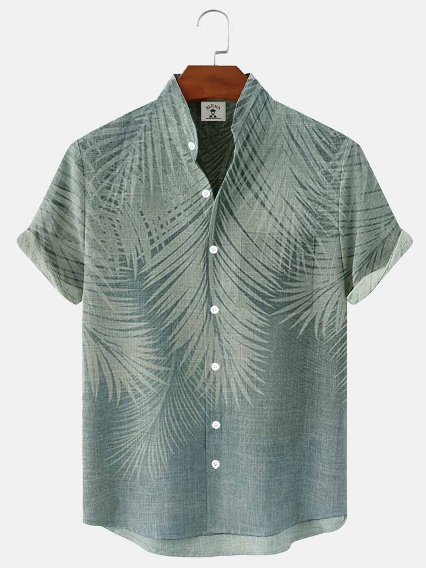 Men's Stand Collar Pocket Palm Leaf Print Basic Simple Casual Shirt-Garamode