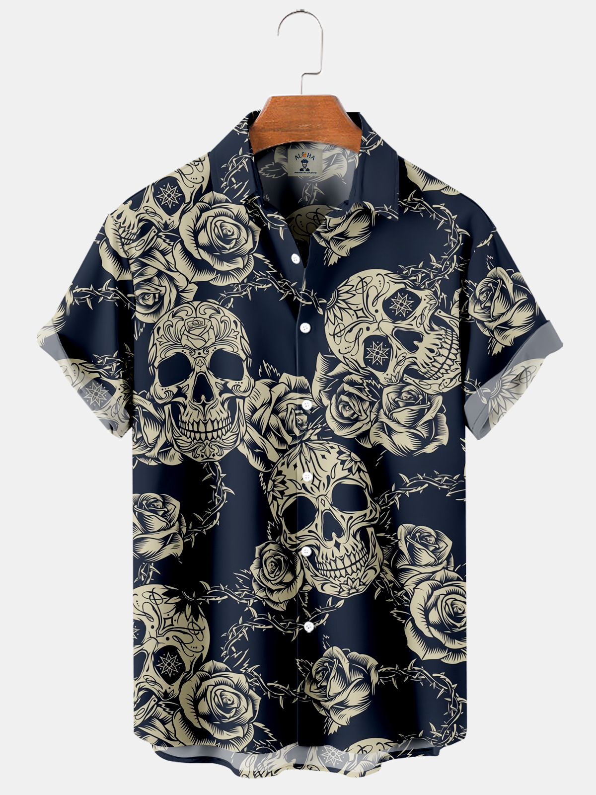 Men's Skull Rose Print Pocket Casual Short Sleeve Shirt-Garamode