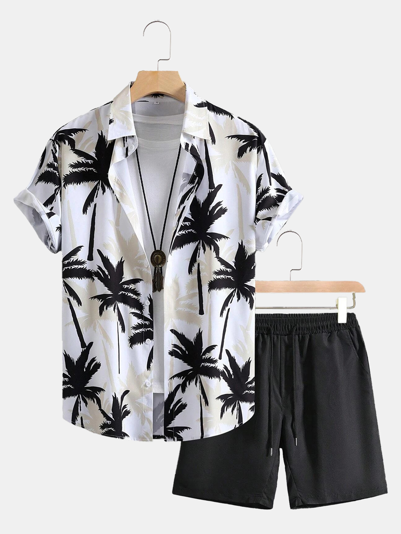 Hawaiian Beach Coconut Tree Print Pocket Short Sleeve Shirt Shorts Set-Garamode