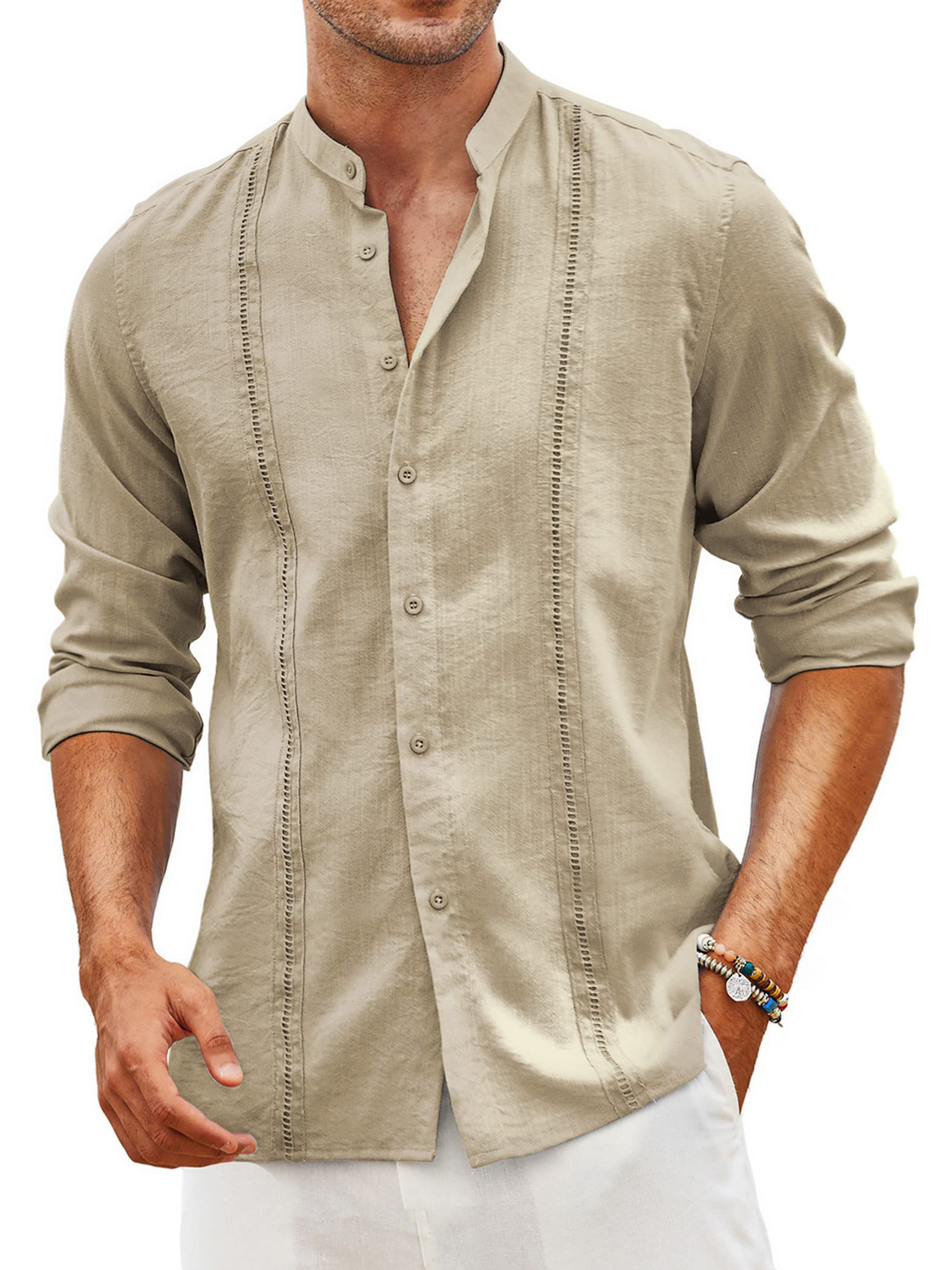 Men's Stand Collar Solid Color Cotton Linen Stitching Casual Daily Long Sleeve Shirt-Garamode