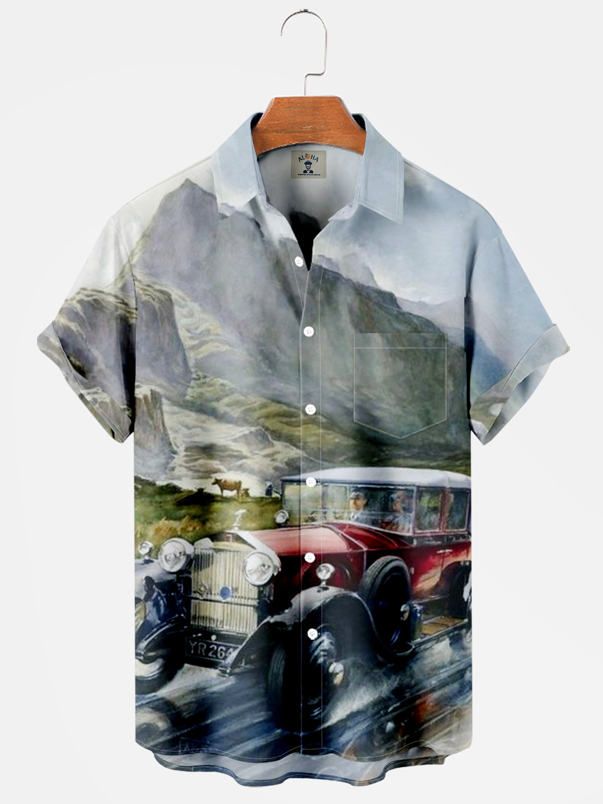 "Packard No. 12" Auto Fashion Oil Painting Vintage Print Pocket Short Sleeve Shirt-Garamode