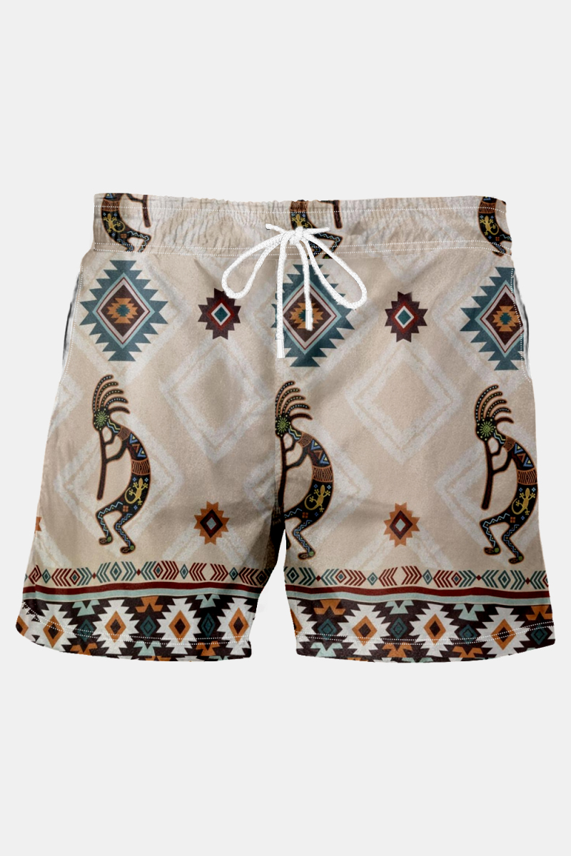 Men's Retro Color Contrast Geometric KOKOPELLI Print Casual Shorts-Garamode