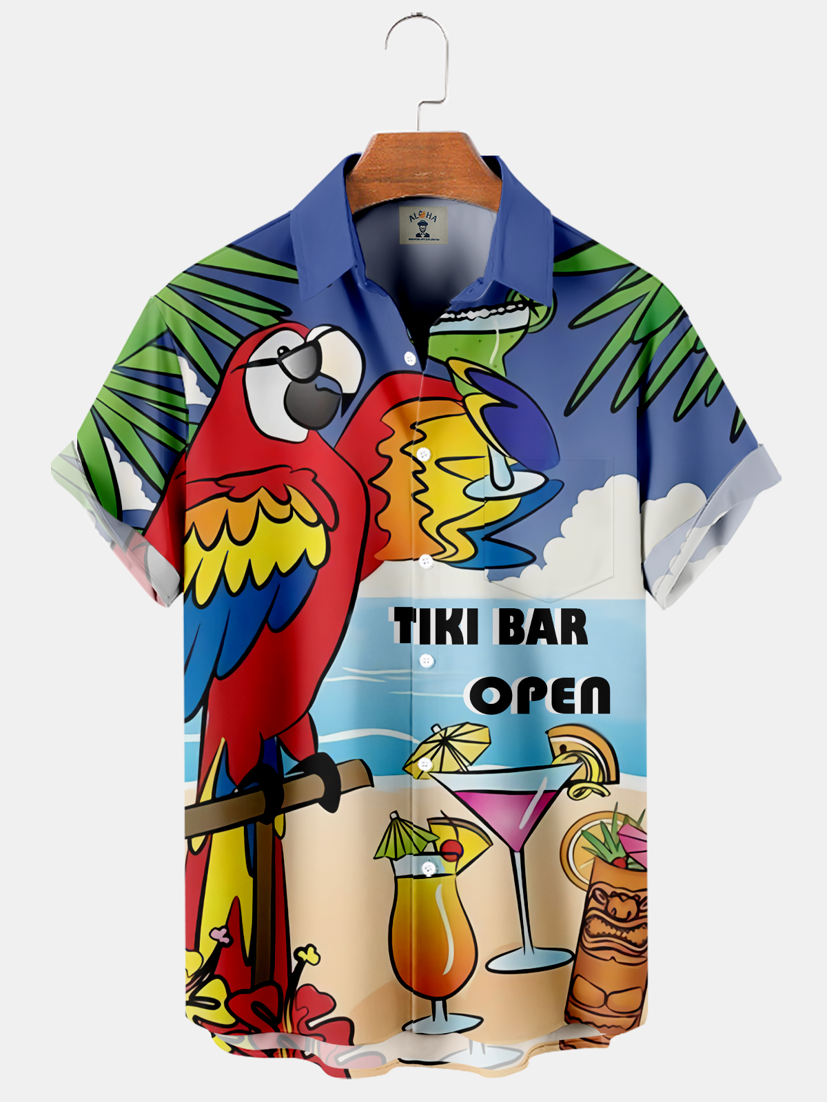 Men's Hawaiian Parrot and Cocktail TIKI BAR OPEN Print Short Sleeve Shirt-Garamode