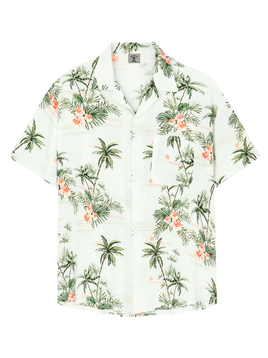 Men's Palm Tree Print Cuban Collar Pocket Hawaiian Casual Loose Short Sleeve Shirt-Garamode
