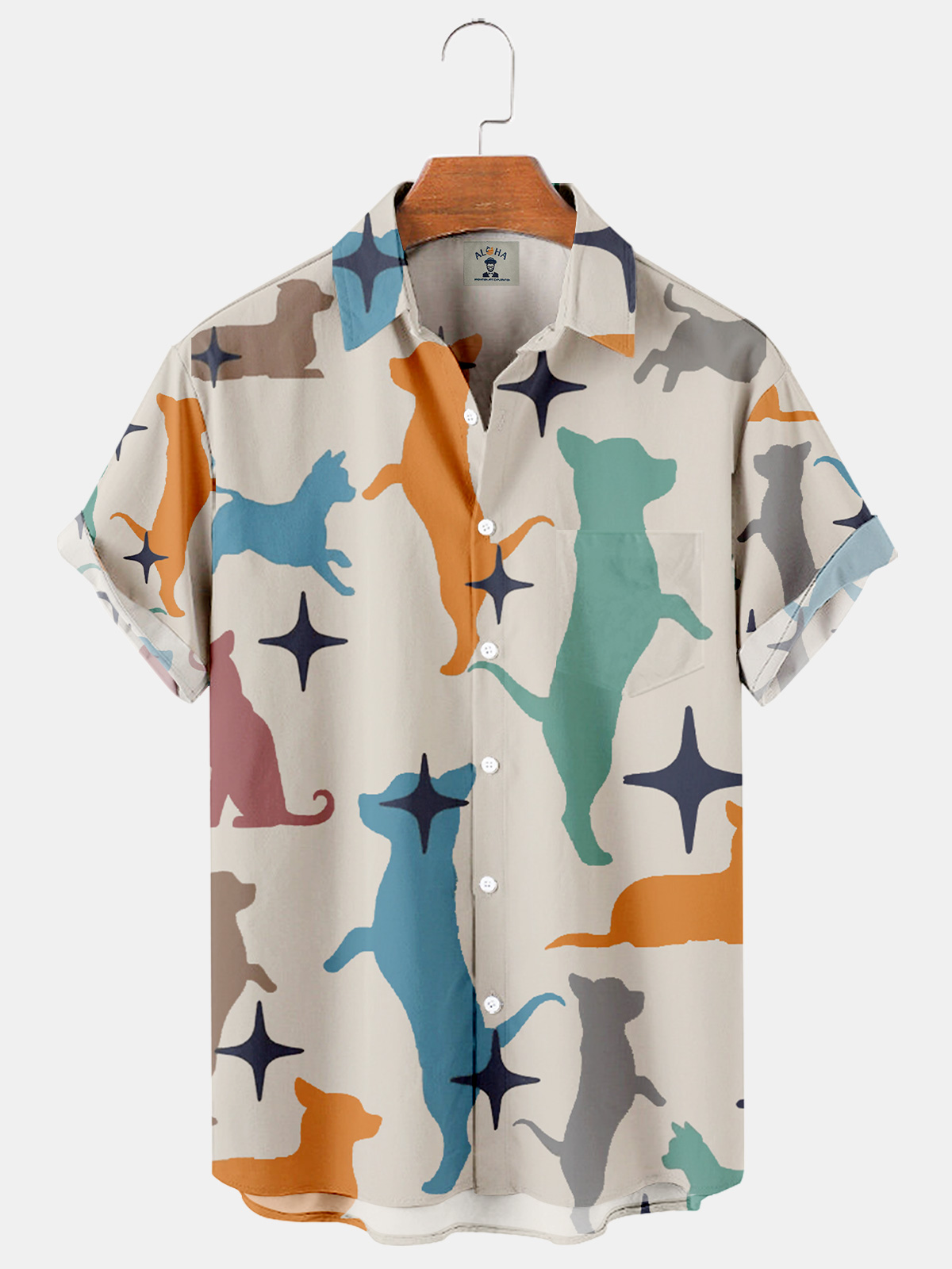 Men's Hawaiian Puppy Print Casual Loose Oversized Short Sleeve Shirt-Garamode