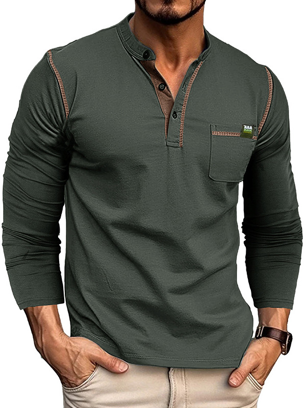 Men's Casual Cotton Long Sleeve Henley Shirt-Garamode