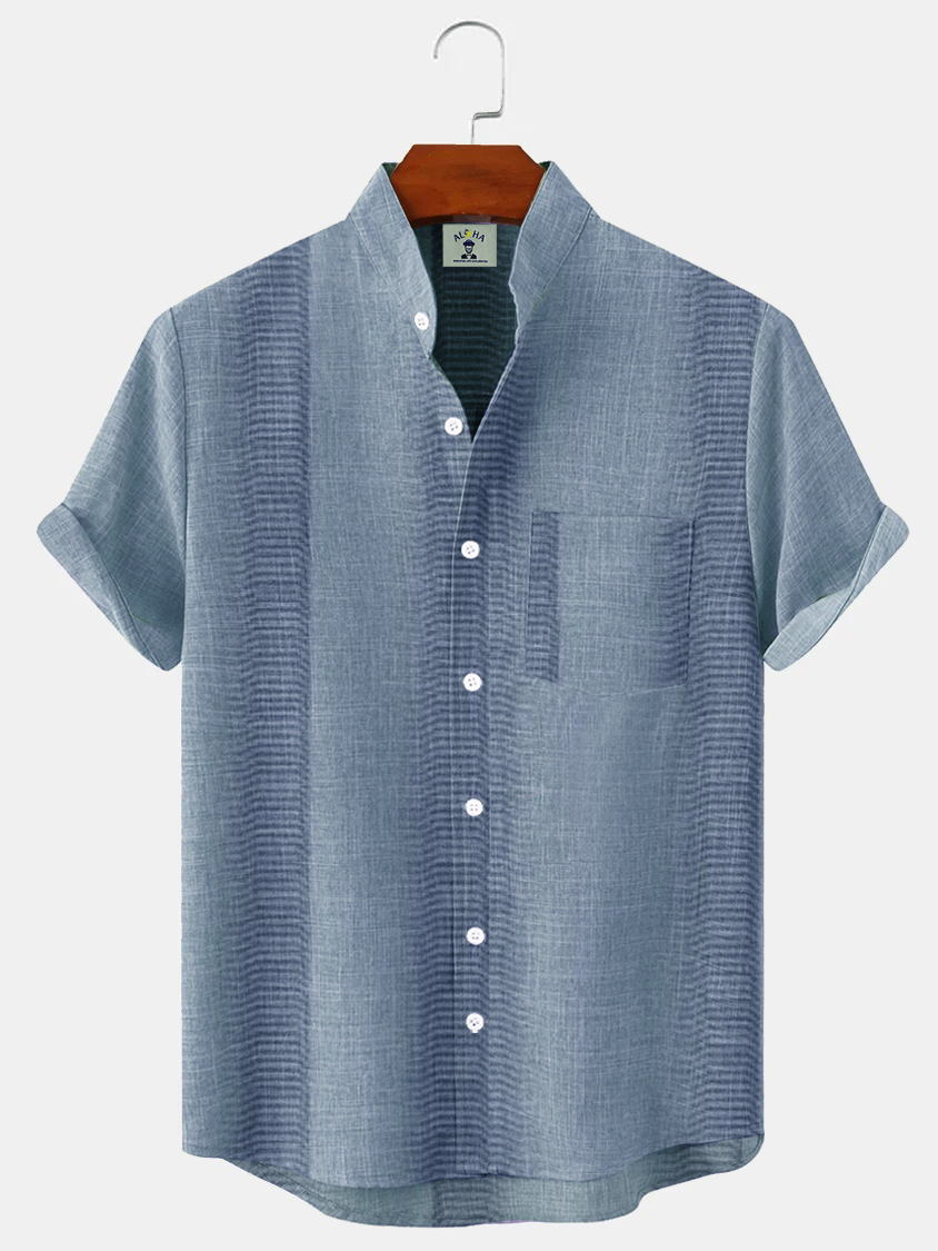 Men's Stand Collar Pocket Simple Striped Basic Linen-Like Casual Shirt-Garamode