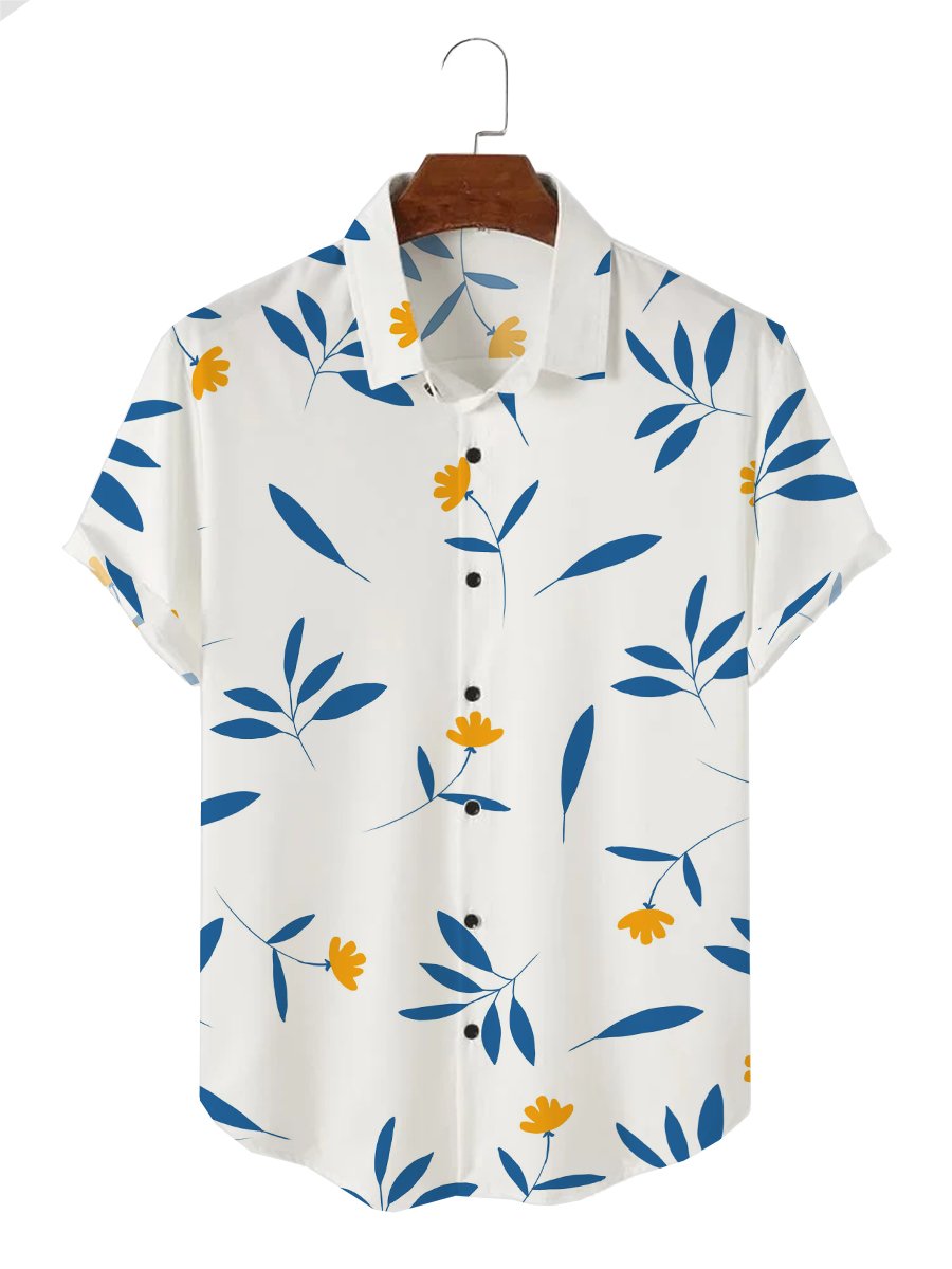Men's Hawaiian Minimalist Leaves and Flowers Print Short Sleeve Shirt-Garamode