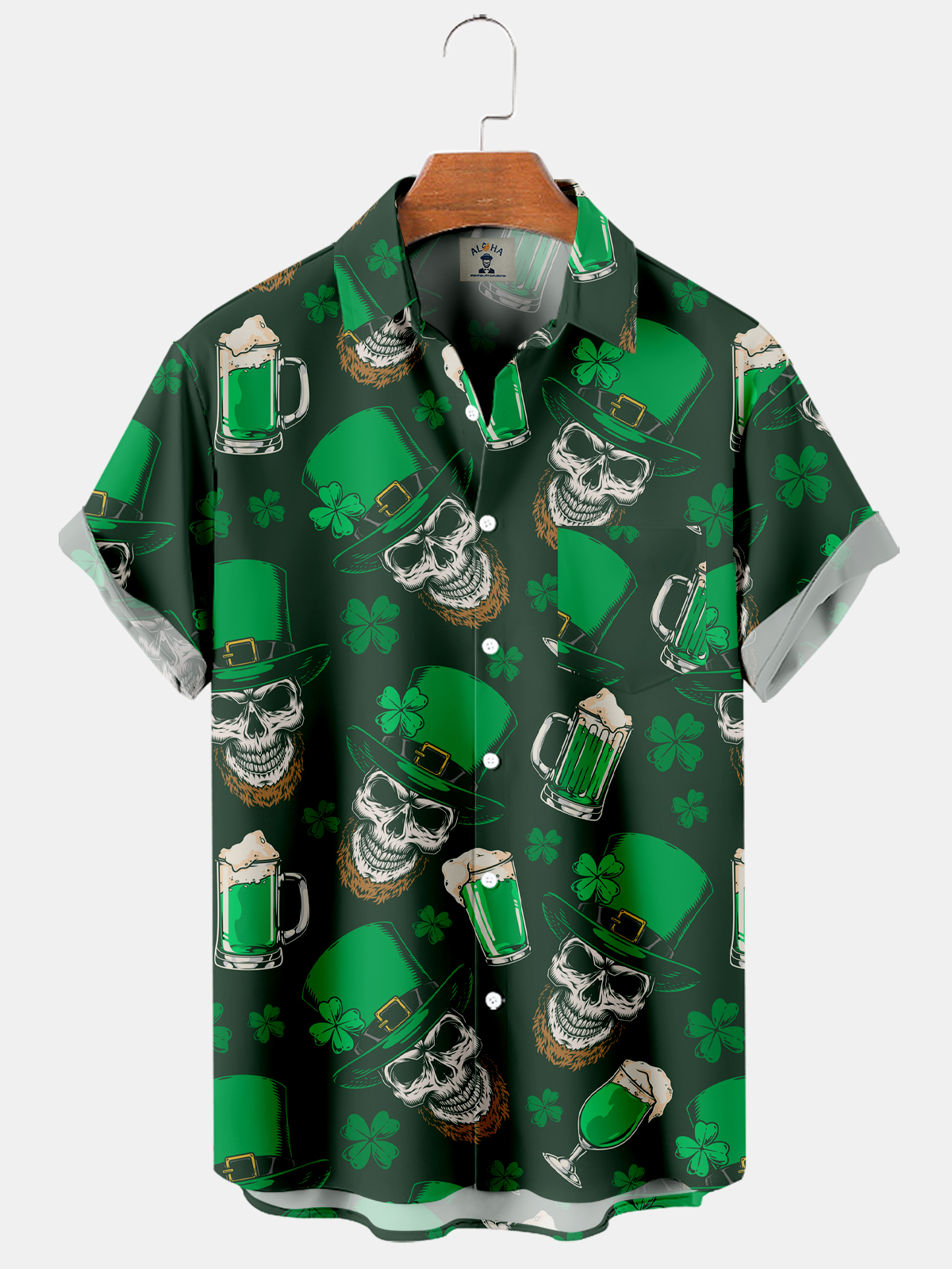 Men's St. Patrick's Beer and Skull Print Short Sleeve Shirt-Garamode