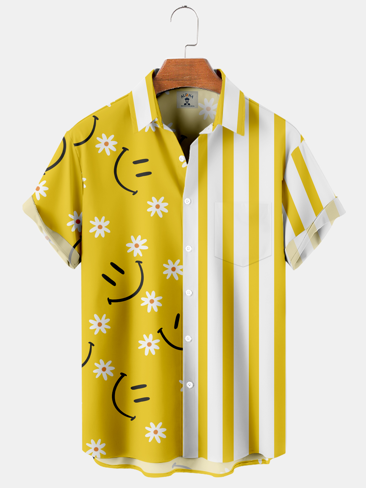 Men's Hawaiian Smiley Stripe Panel Print Short Sleeve Shirt-Garamode