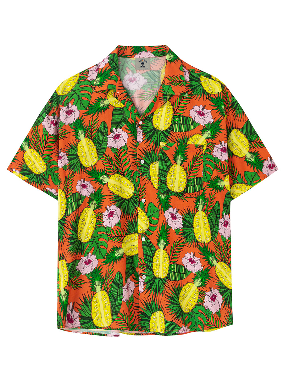 Men's Pineapple Palm Leaf Beach Hawaiian Print Cuban Collar Pocket Casual Loose Short Sleeve Shirt-Garamode