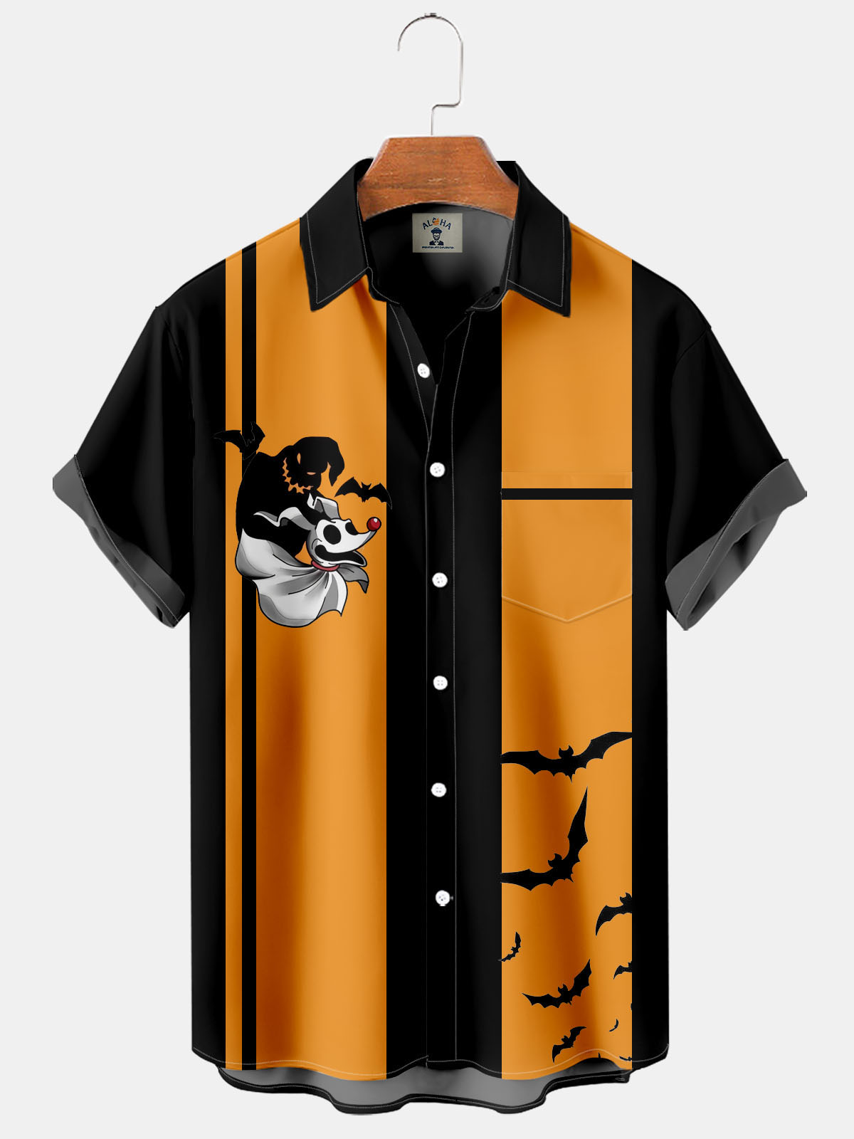 Halloween Cartoon Fun Print Pocket Short Sleeve Shirt-Garamode