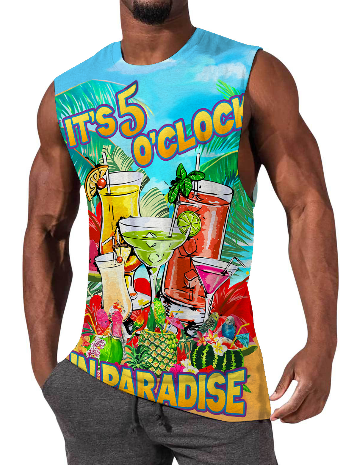 Men's Hawaiian Cocktail Glass IT'S 5'OCLOCK IN PARADISE Print Sleeveless Shirt-Garamode
