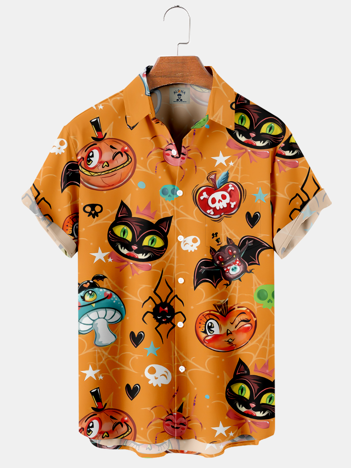 Men's Halloween Funny Cat Mushroom Cute Apple Print Short Sleeve Shirt-Garamode