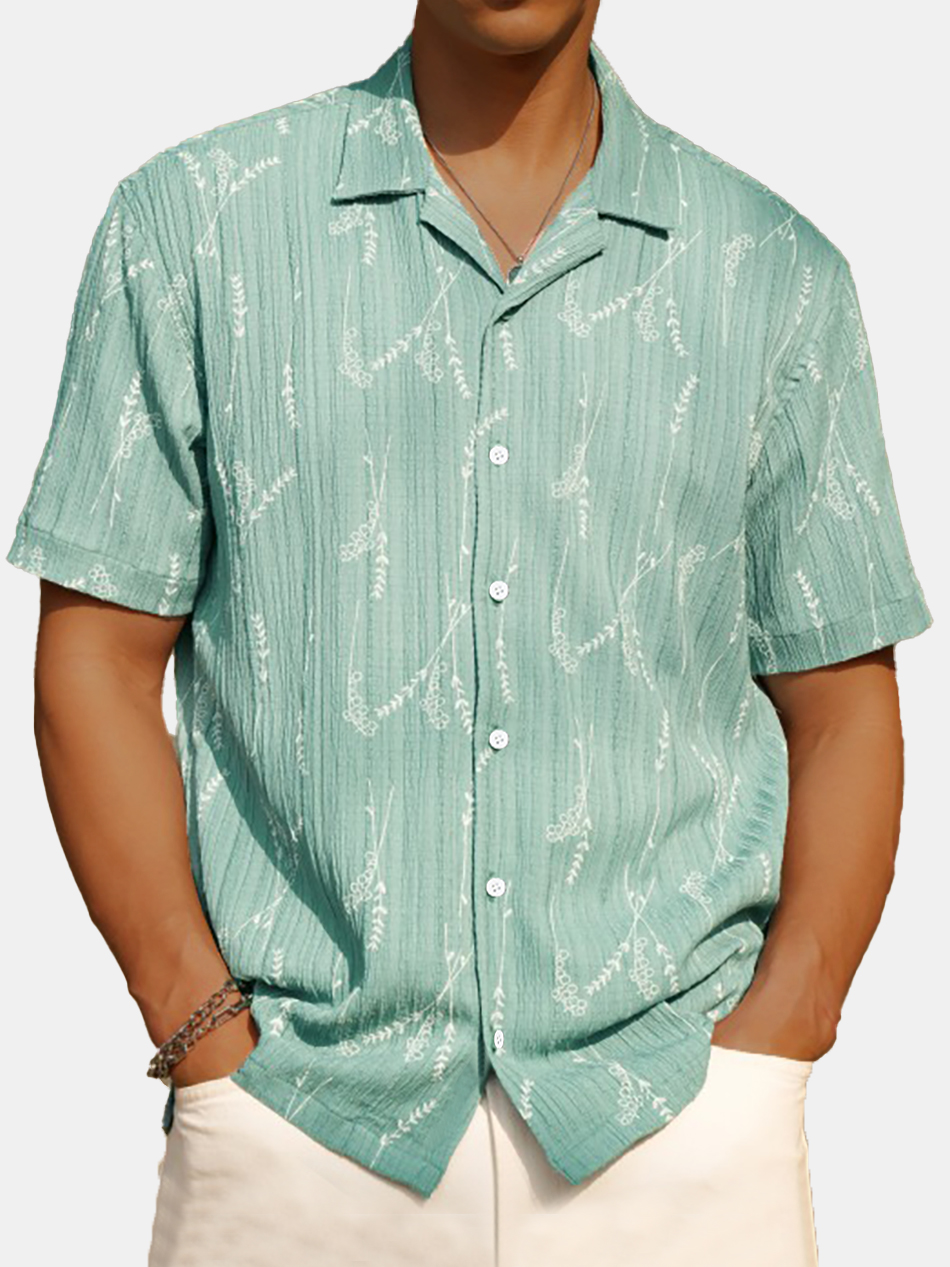 Men's Hawaiian Comfort Simple Puff Wrinkle Cuban Collar Short Sleeve Shirt