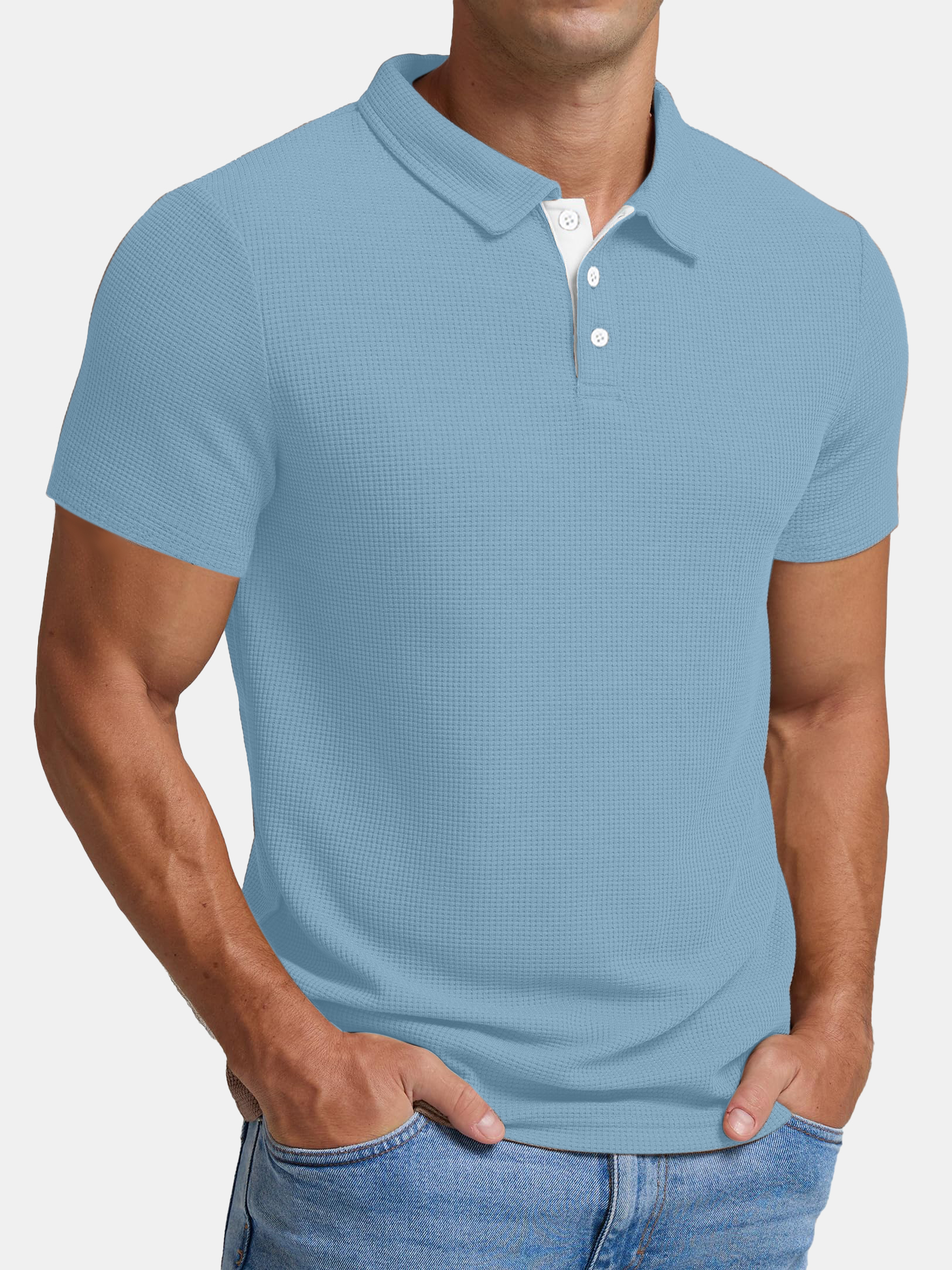 Men's Casual Waffle Contrast Lapel Short Sleeve Polo Shirt