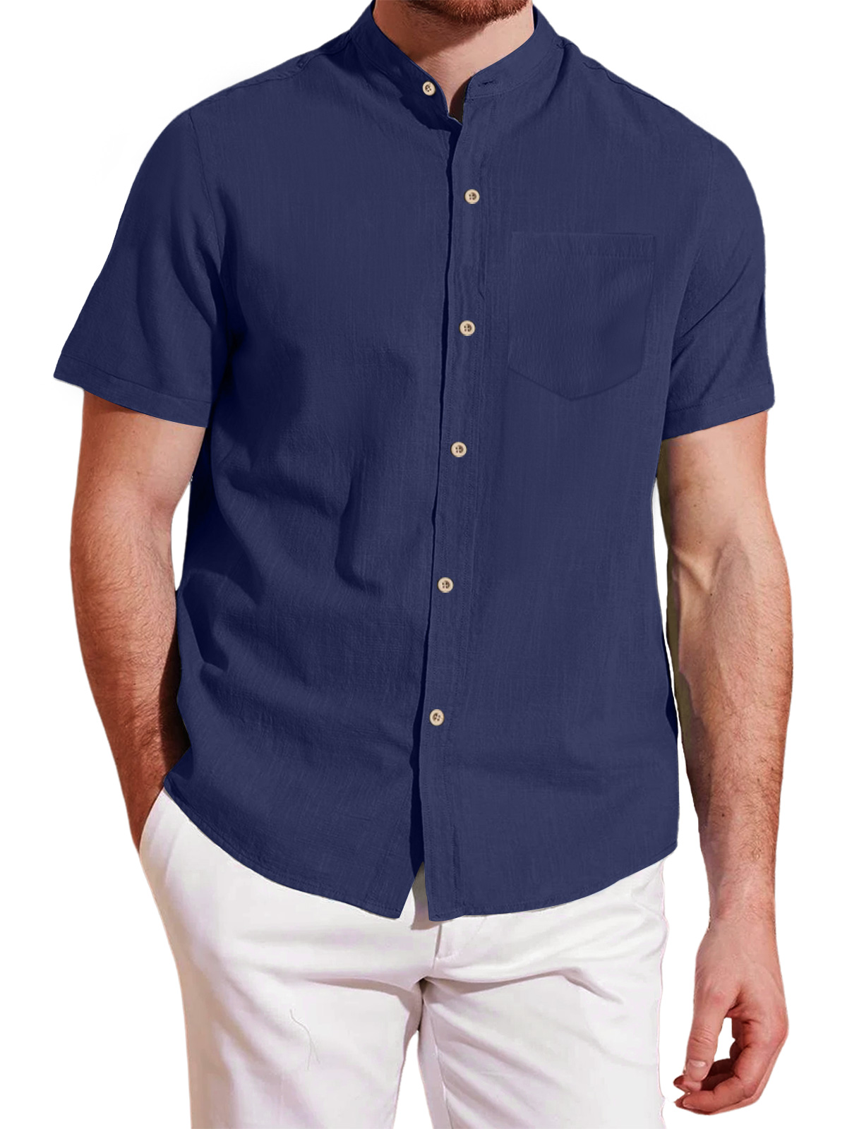 Men's stand collar pocket cotton and linen short sleeve shirt