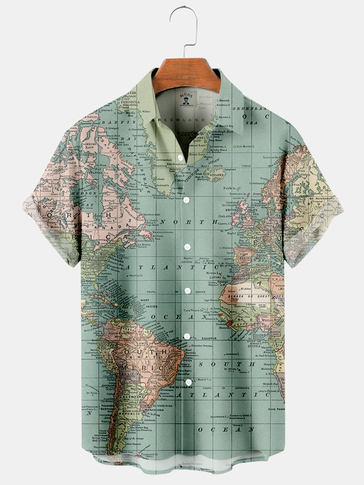 Men's Mercator Green Color World Map Print Men's Short Sleeve Shirt-Garamode
