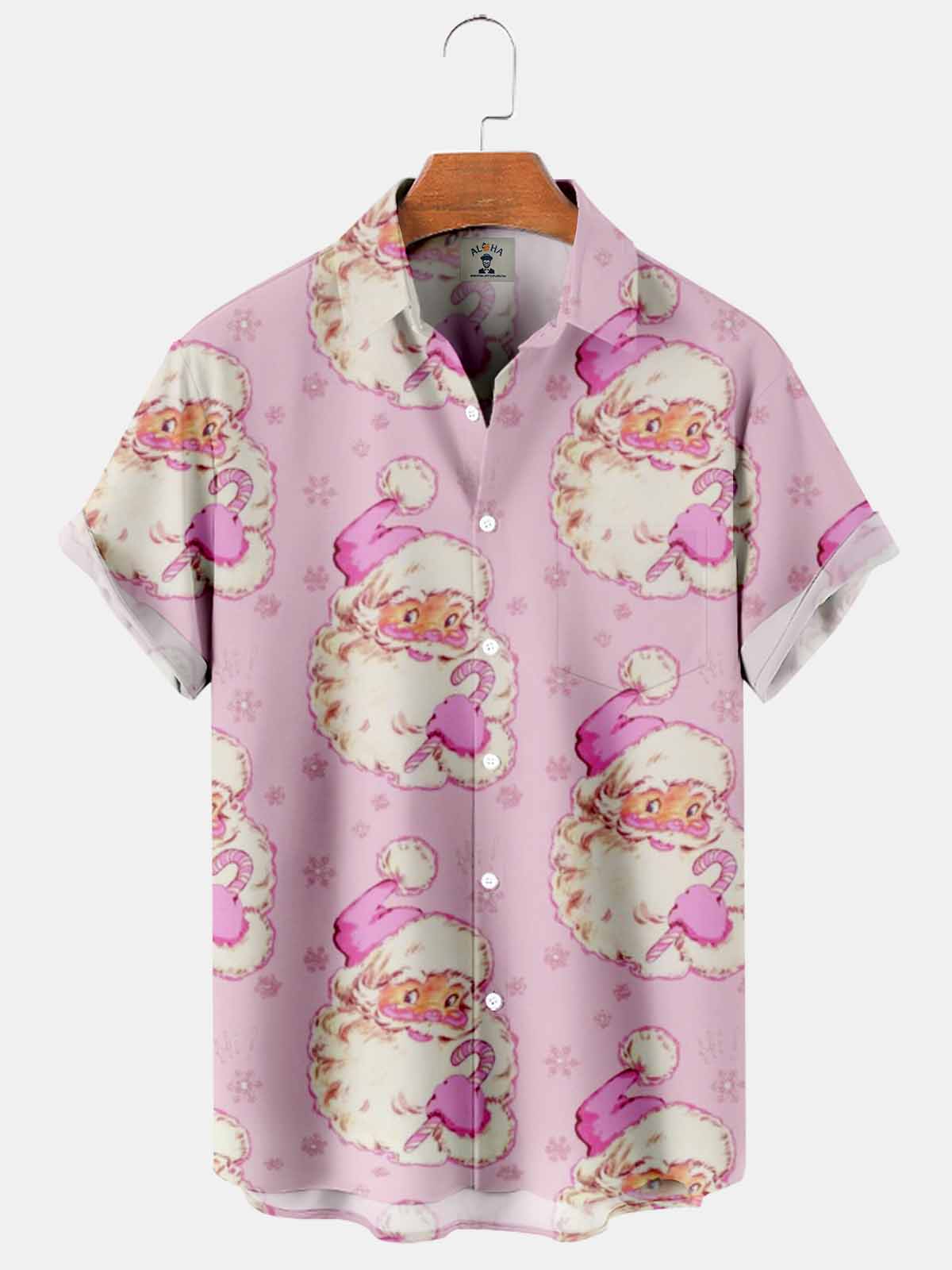 Men's Pink Santa Print Casual Short Sleeve Shirt-Garamode